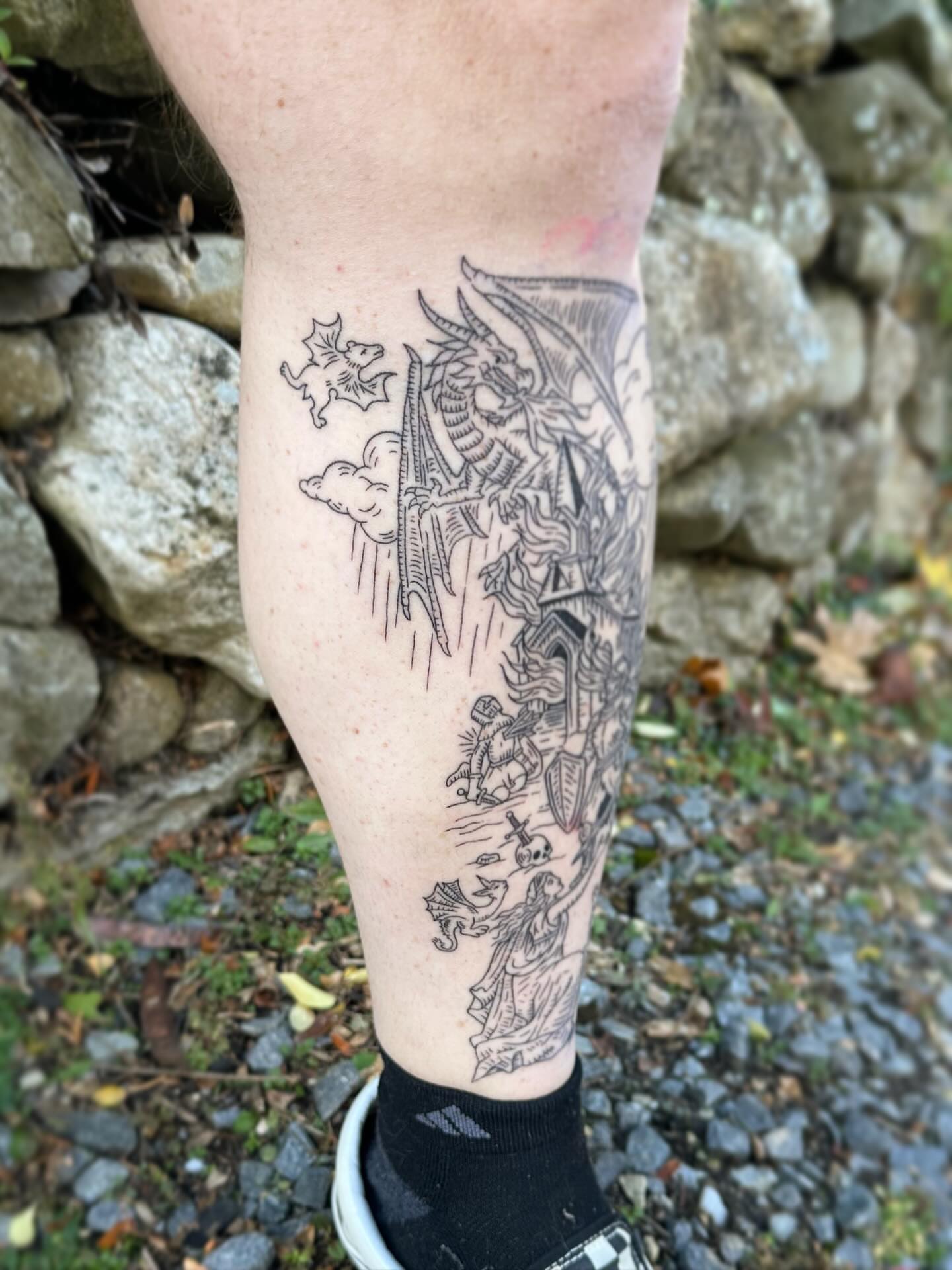 Mythical creatures and figures black and grey tattoo on the calf by 🕸🖤Kass🖤🕸