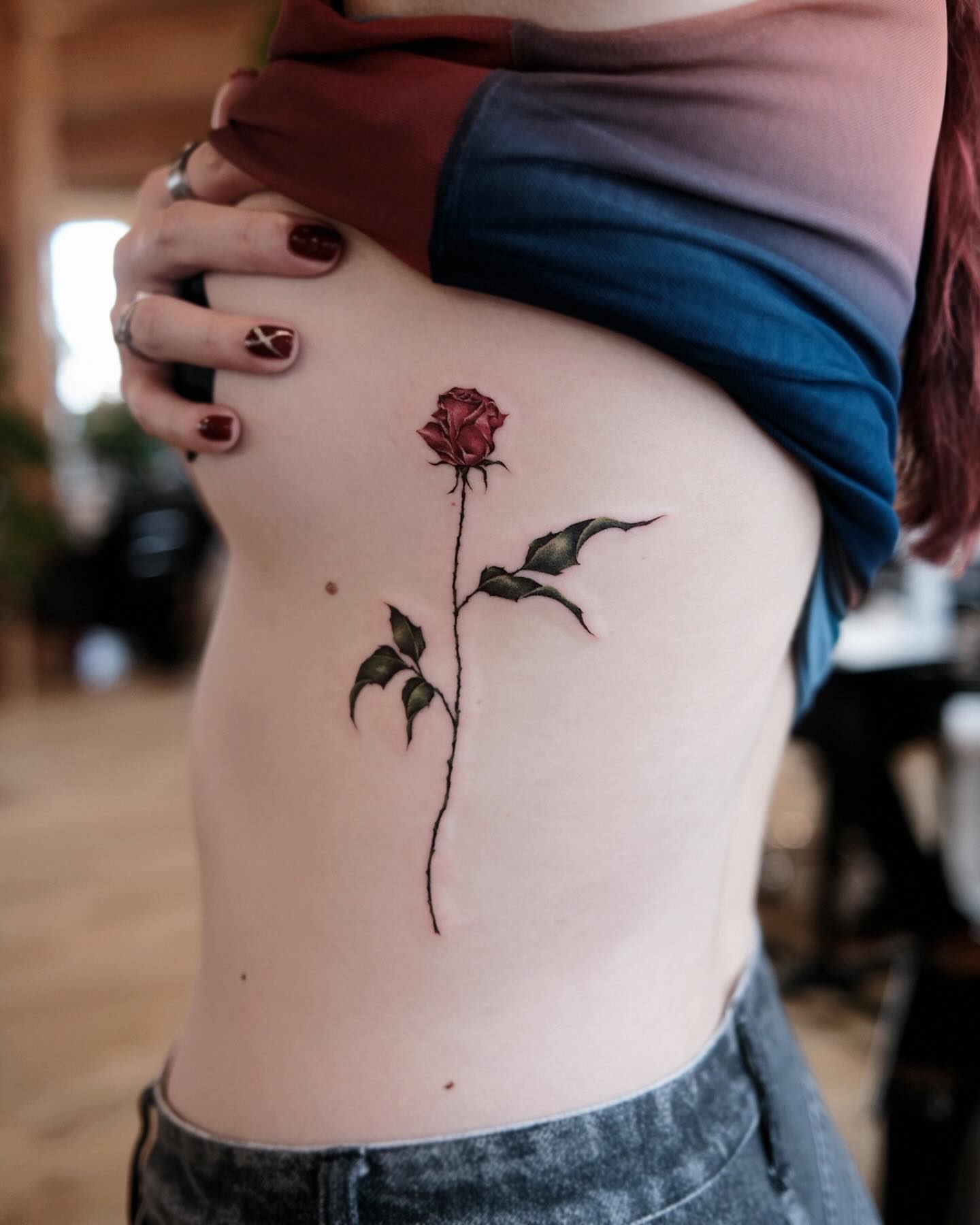 Rose realism tattoo on the thigh by 애박 ⋆⁺₊ ₊⁺⋆ Aebak