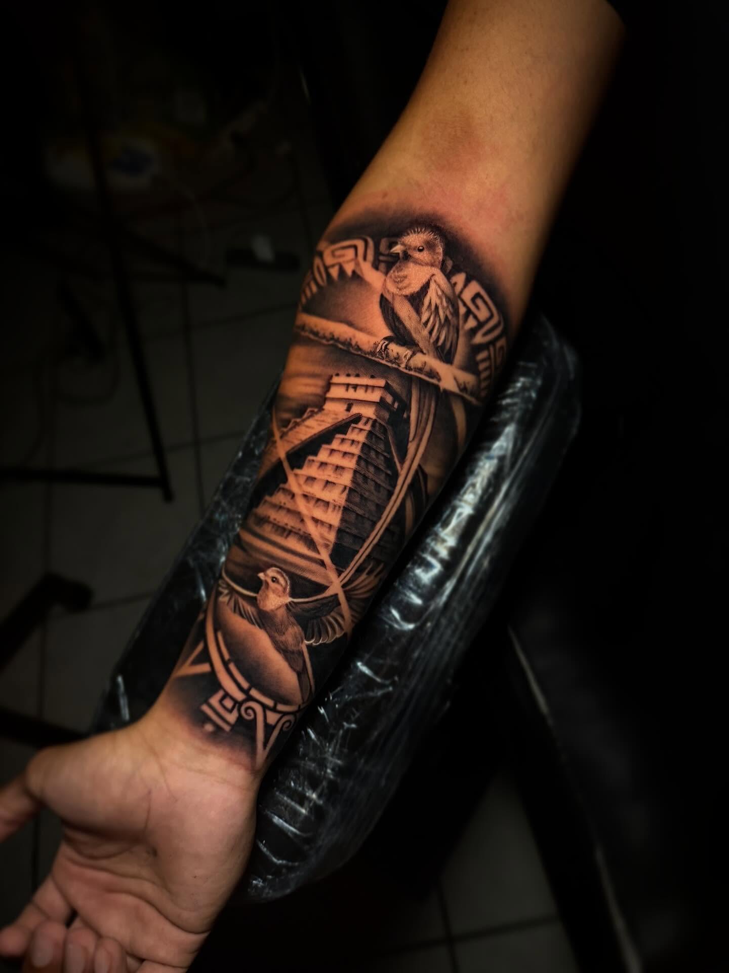 Ancient pyramid realism tattoo on the forearm by Jorge Hernandez