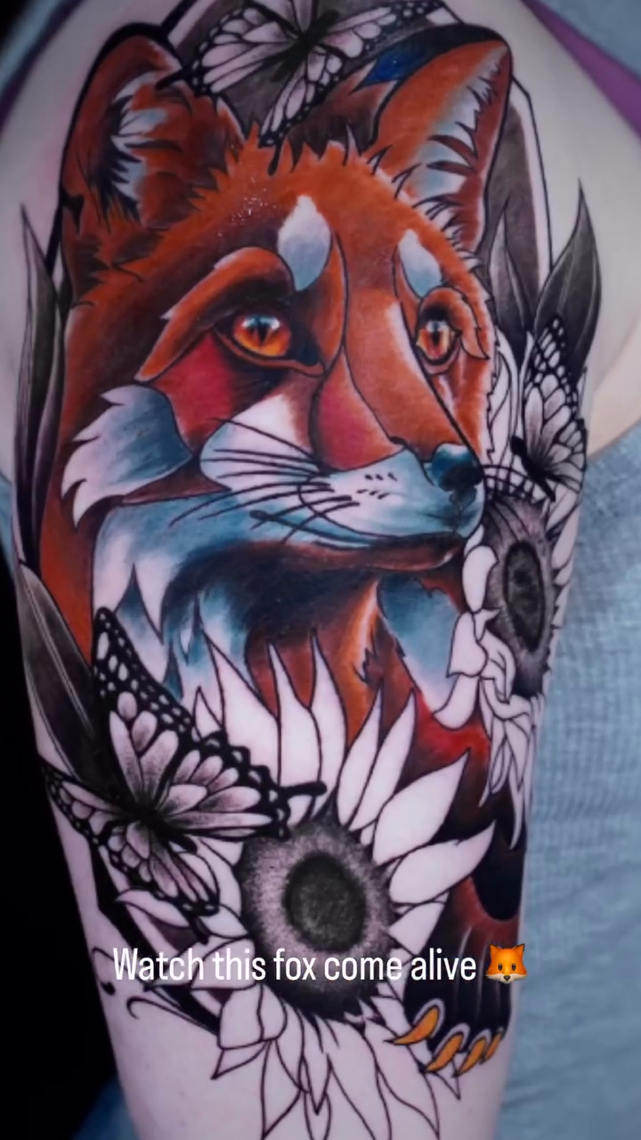 Fox with sunflowers and butterflies realism tattoo by Keebs