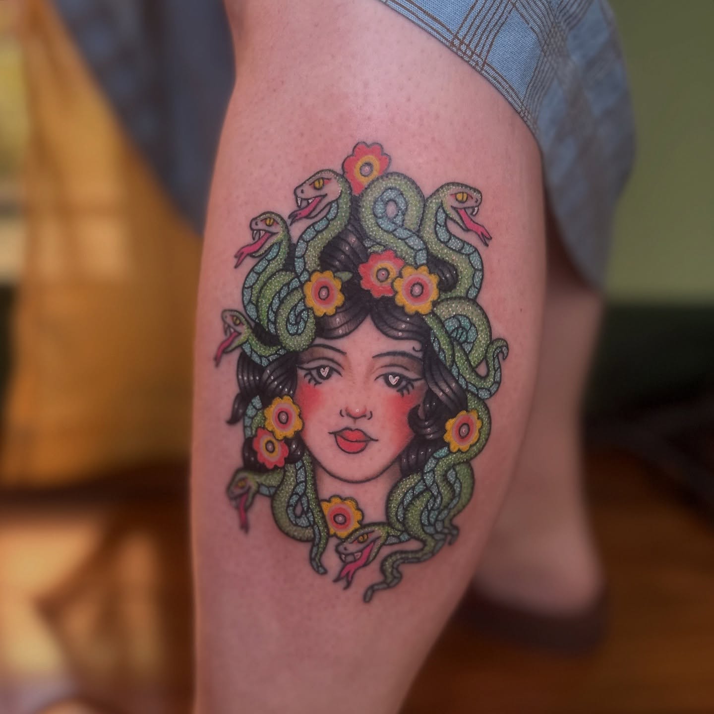 Medusa American traditional tattoo on the thigh by Brieana Smith