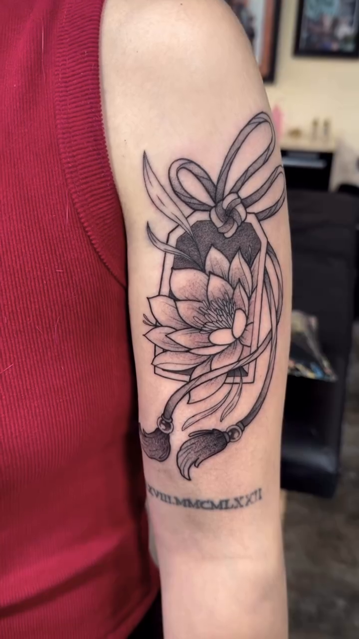 Lotus flower with ribbon japanese irezumi tattoo by Hades cabrera, Richmond, Virginia