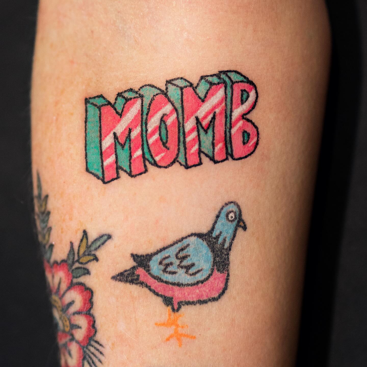 Momb pigeon American traditional tattoo on the forearm by Flash Boom Bang Tattoo