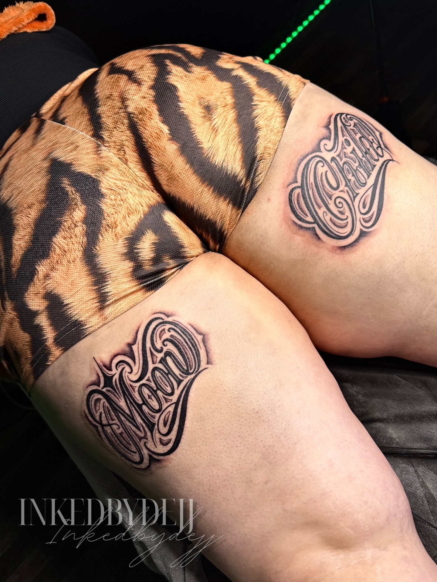 Script lettering lettering script tattoo on the thigh by Inkedbydejj