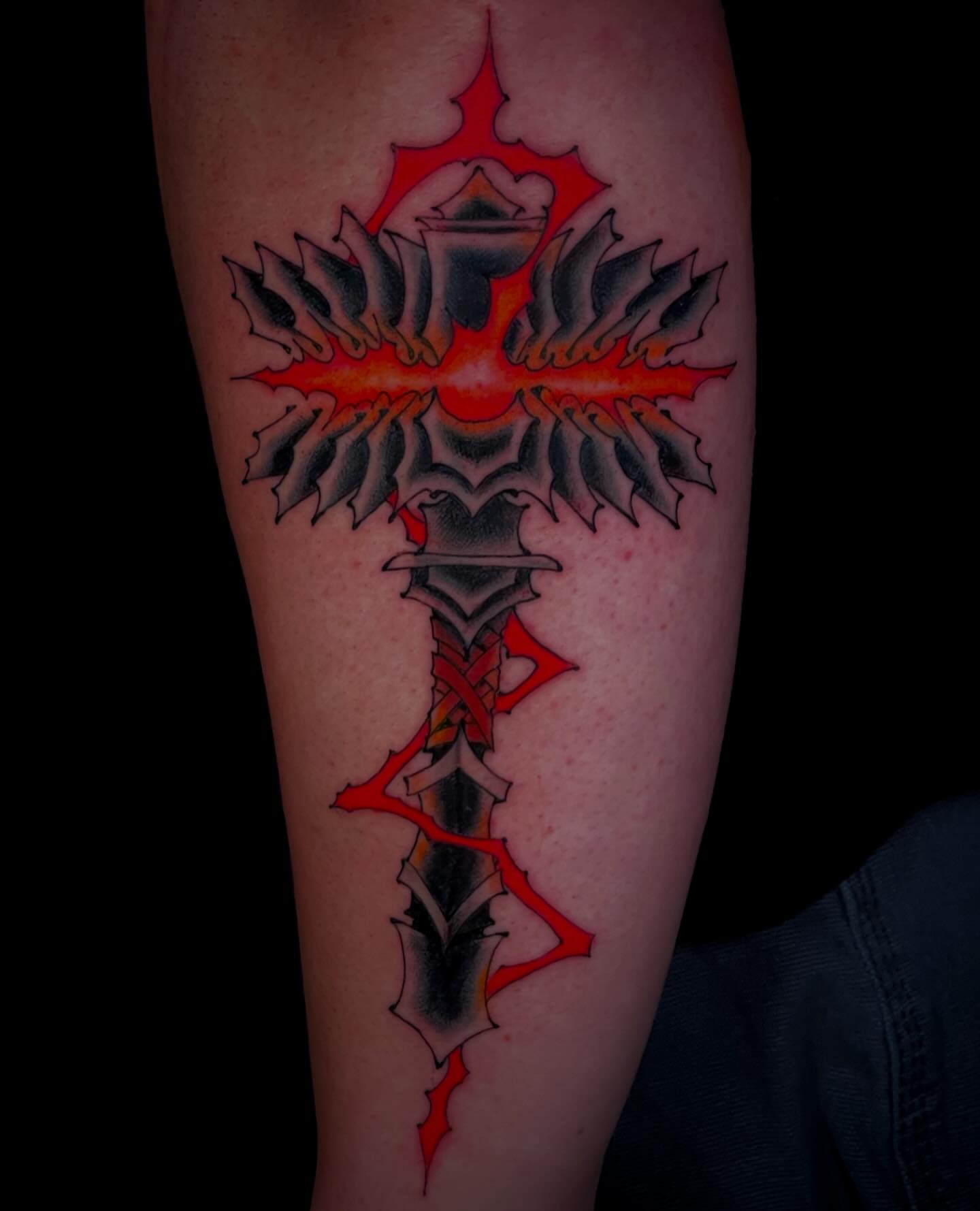 Cross American traditional tattoo on the forearm by Bryan Ortega