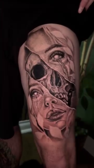 Skull and woman dark realism tattoo by Romi Utah Tattoo
