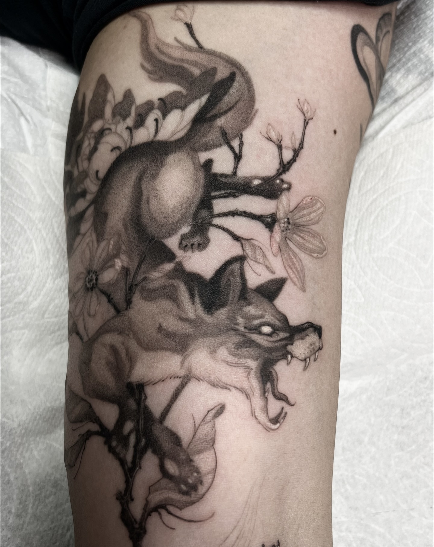Wolf and deer realism tattoo on the forearm by Joshua Hung, Alhambra, California