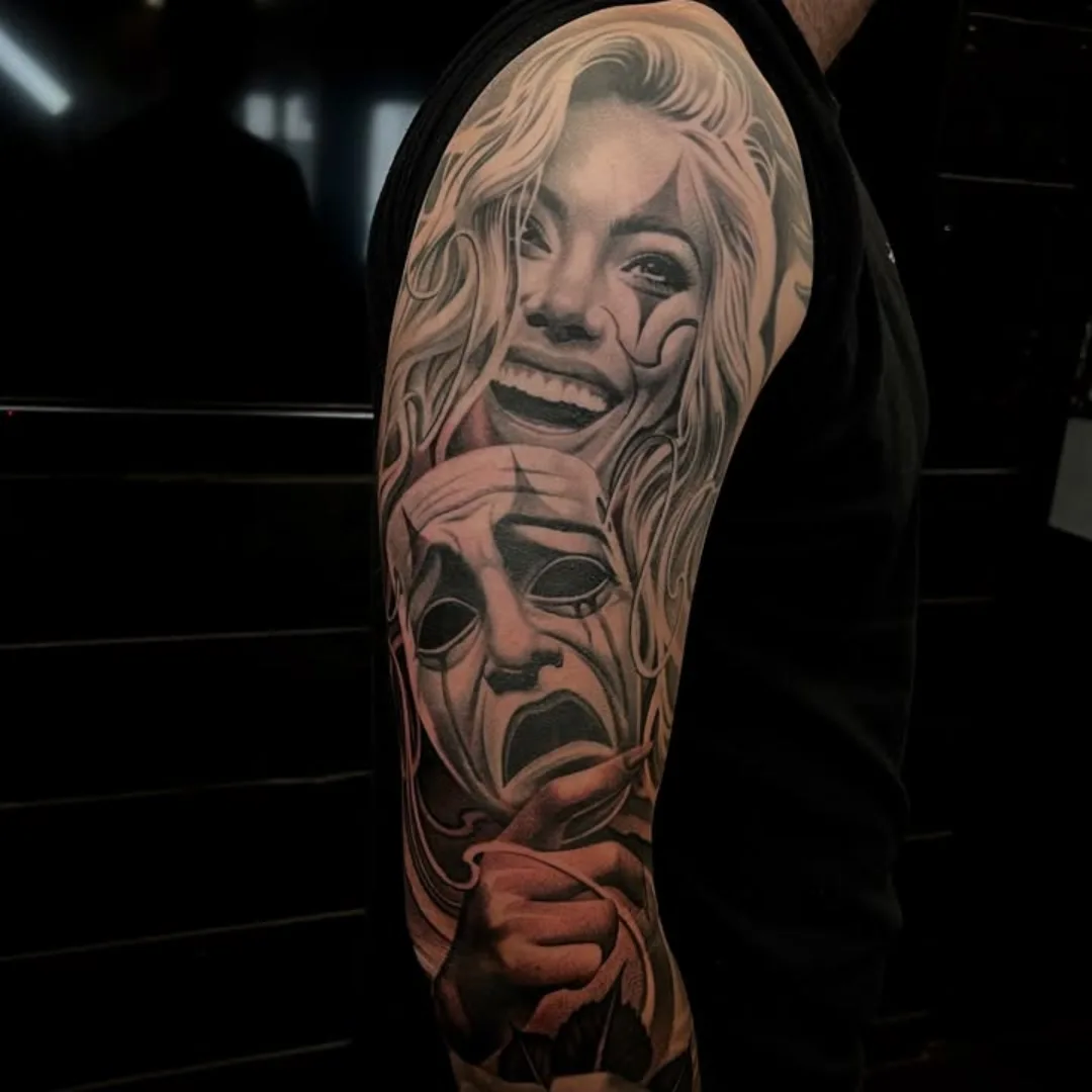 Woman with mask realism tattoo on the forearm by ink.alchemist