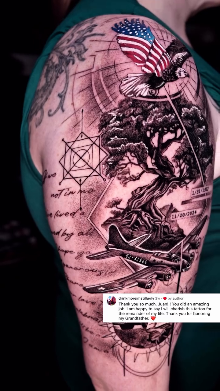 Military and personal history sleeve realism tattoo by Juan Carlos