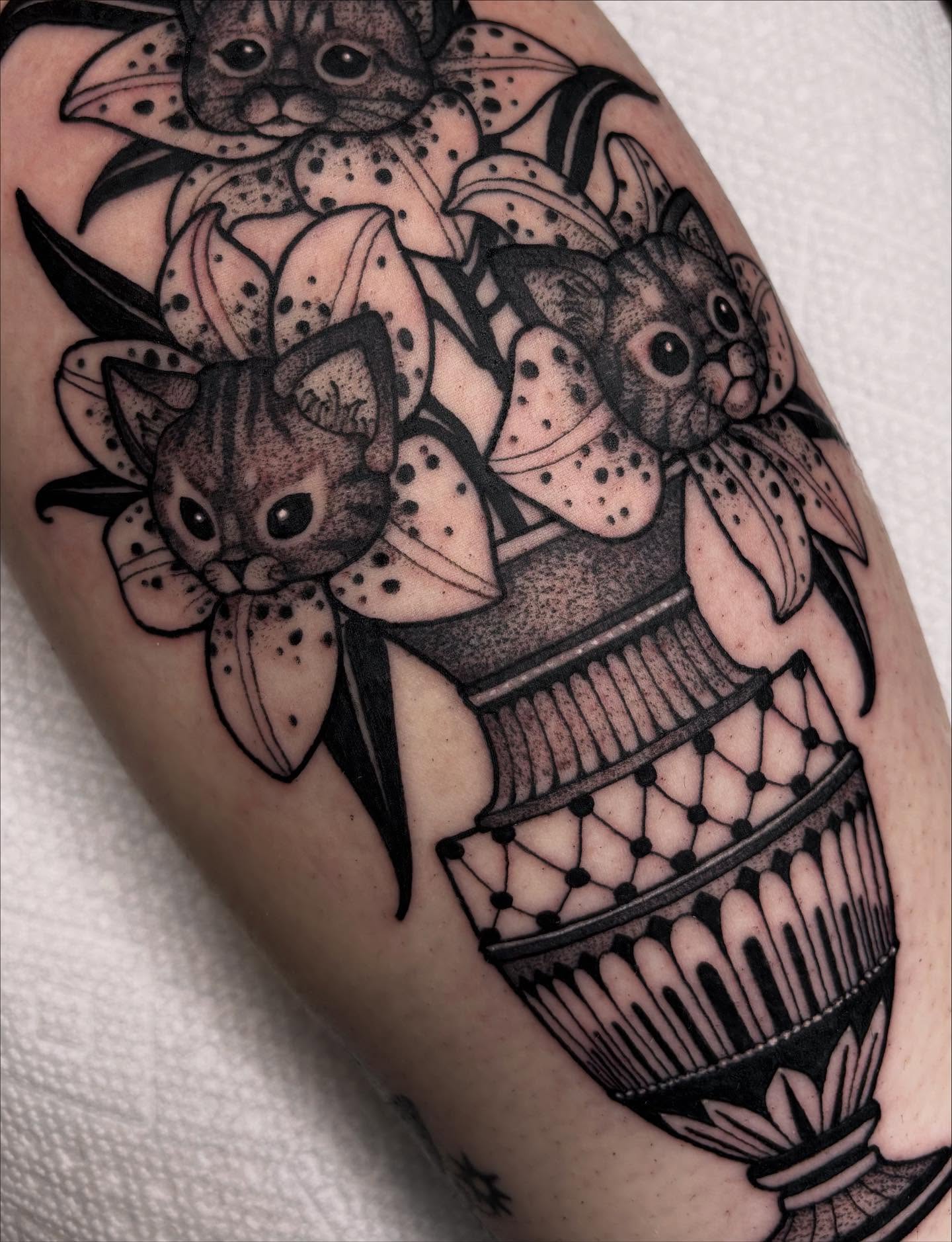 Cats in basket dotwork tattoo on the forearm by Tara, Exeter, Pennsylvania