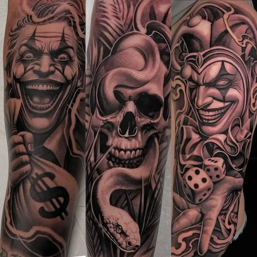 Joker and skull realism tattoo on the forearm by ink.alchemist