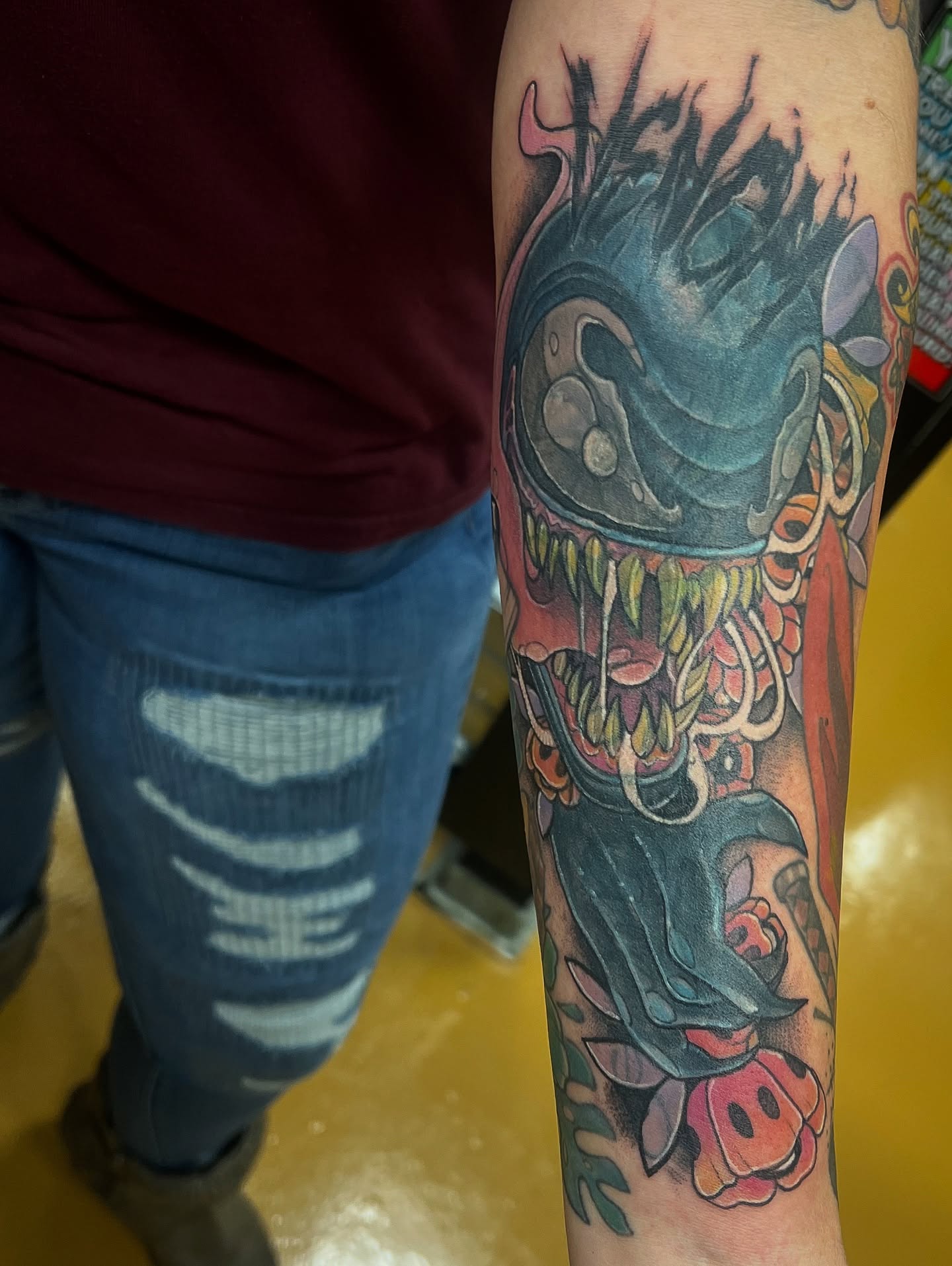 Monster new school tattoo on the forearm by Kat