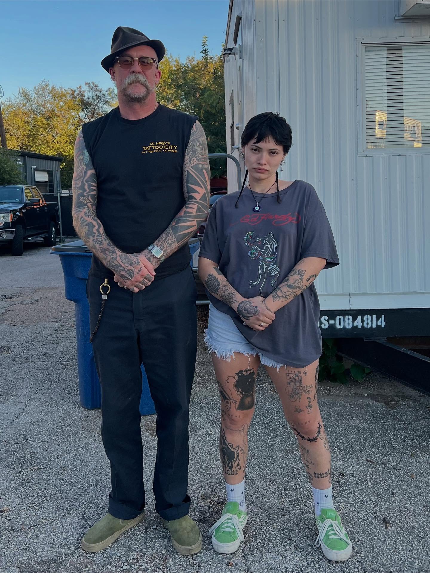 Tattooed couple American traditional tattoo on the upper arm by ☻︎ Cyd Precious ☹︎