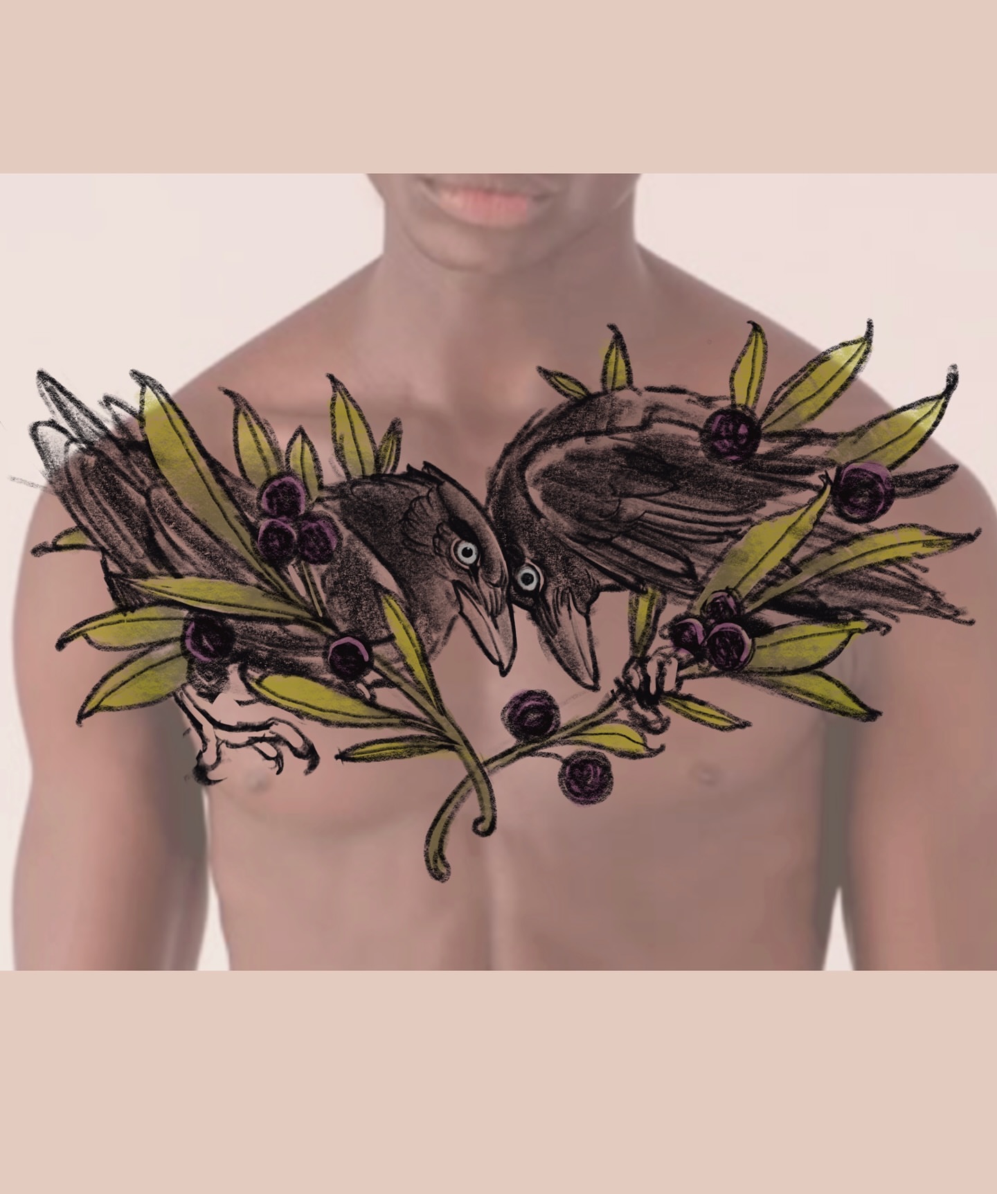 Birds and olive branches black and grey tattoo on the chest by BELLIE ✧ Tattoo Artist