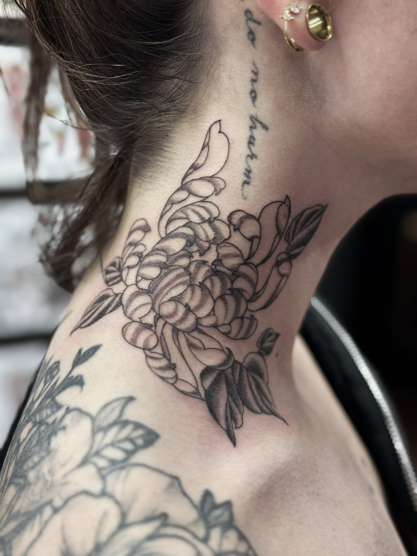 Peony black and grey tattoo on the neck by Virginia 🥀Neo Traditional