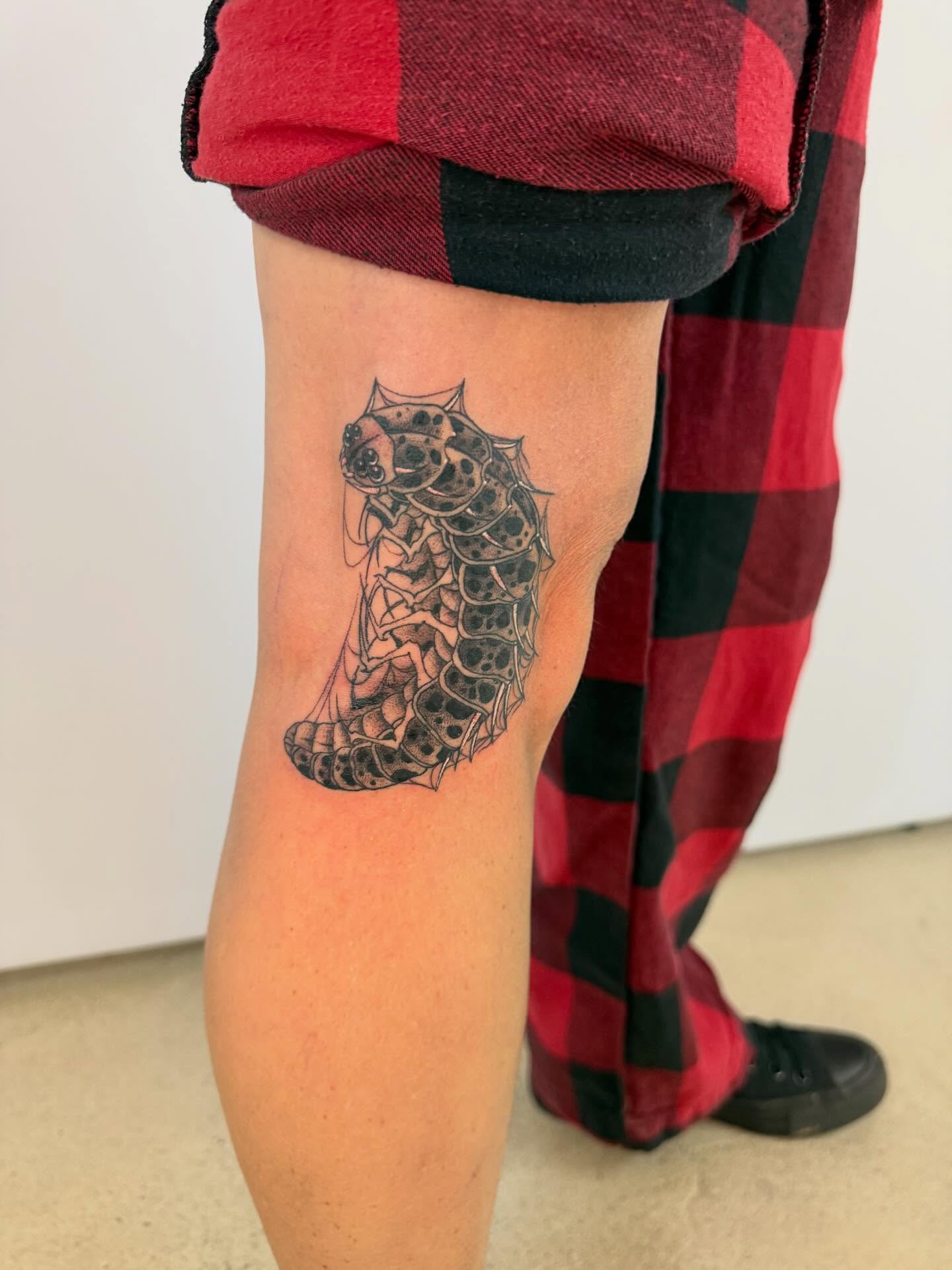 Seahorse black and grey tattoo on the thigh by Paul Calhoun Tattoos, Englewood, Ohio