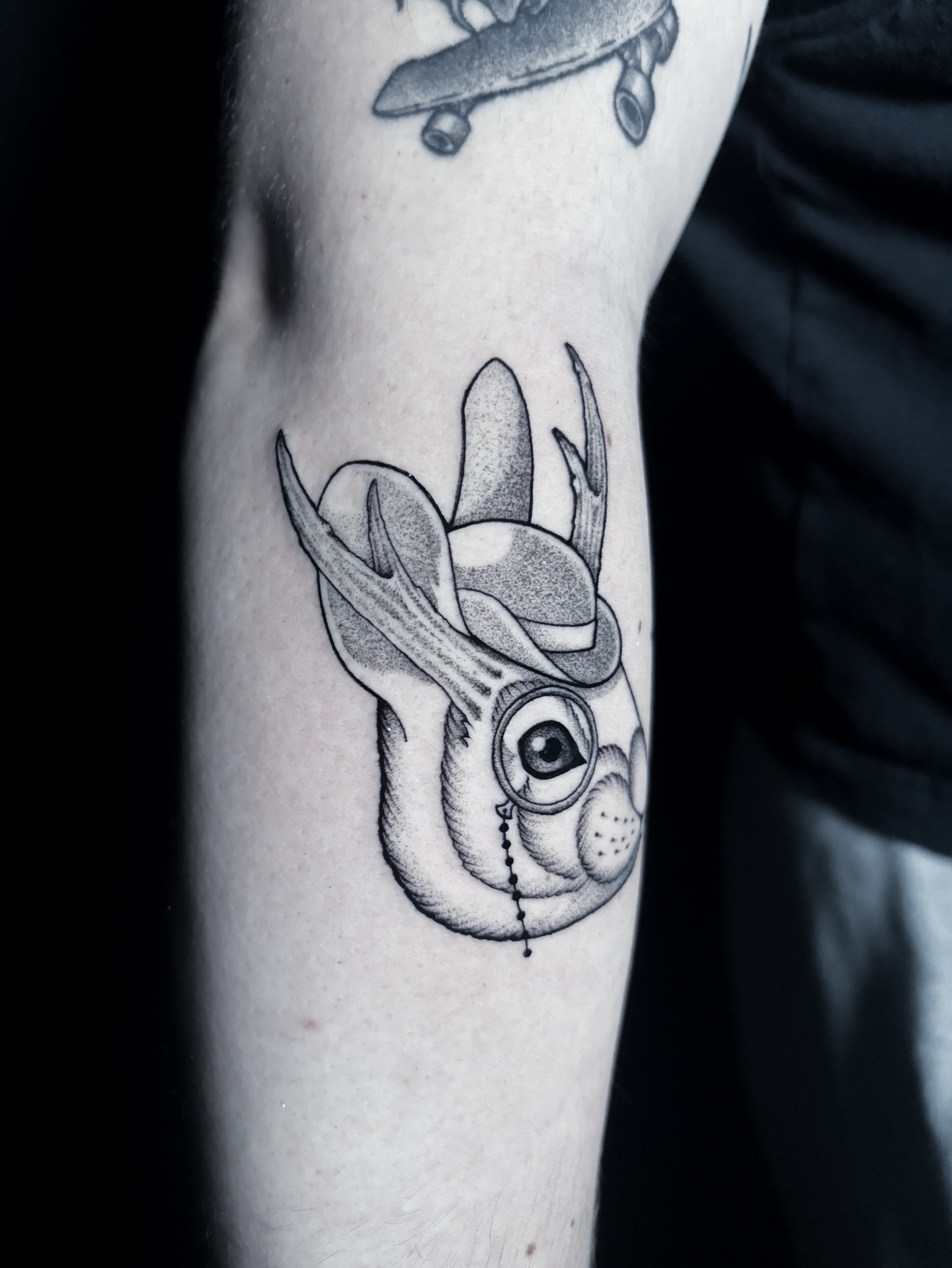 Rabbit dotwork tattoo on the forearm by Noah Dang Ink