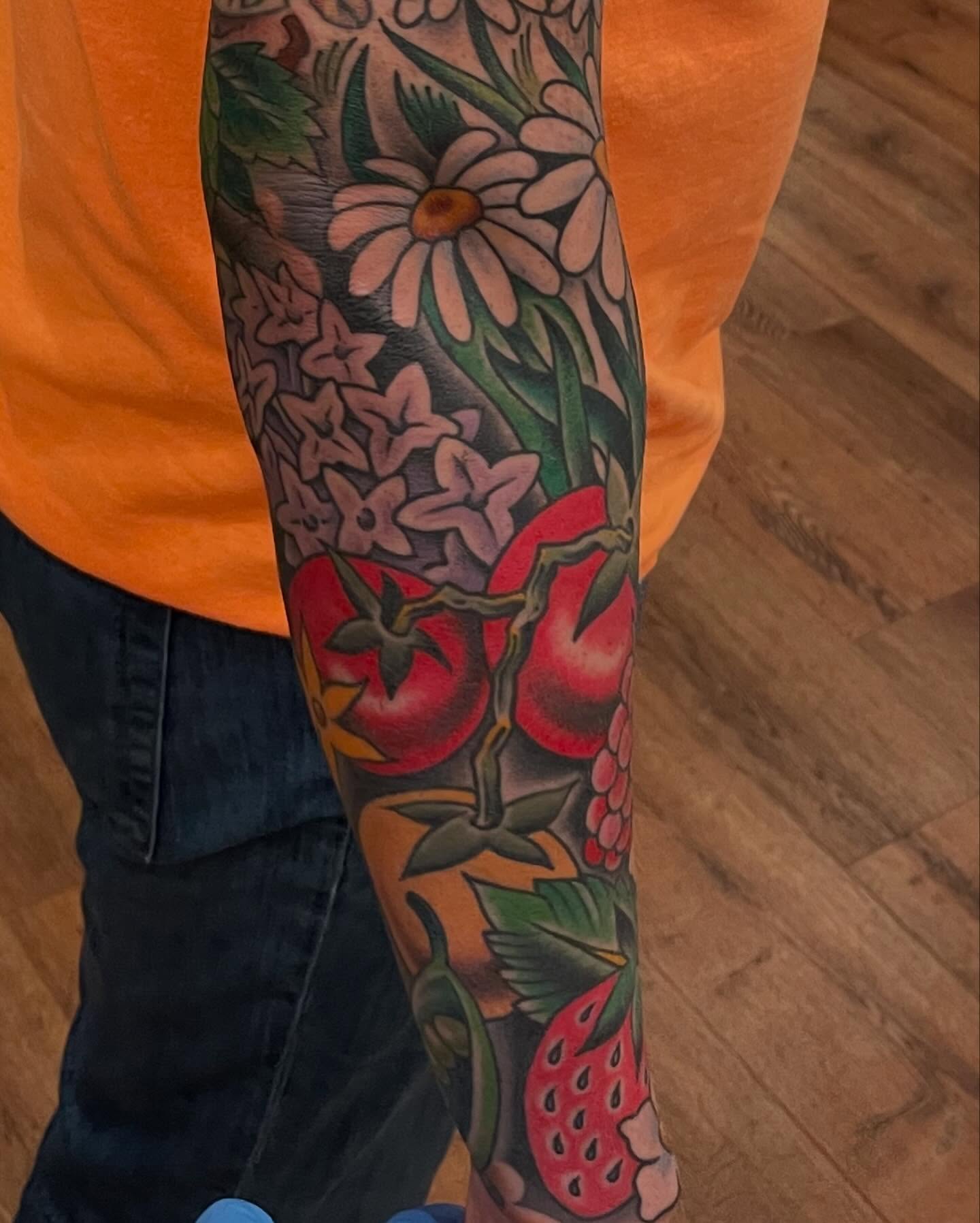 Vegetables and flowers new school tattoo on the forearm by Grandma Approved, Chicago, Illinois