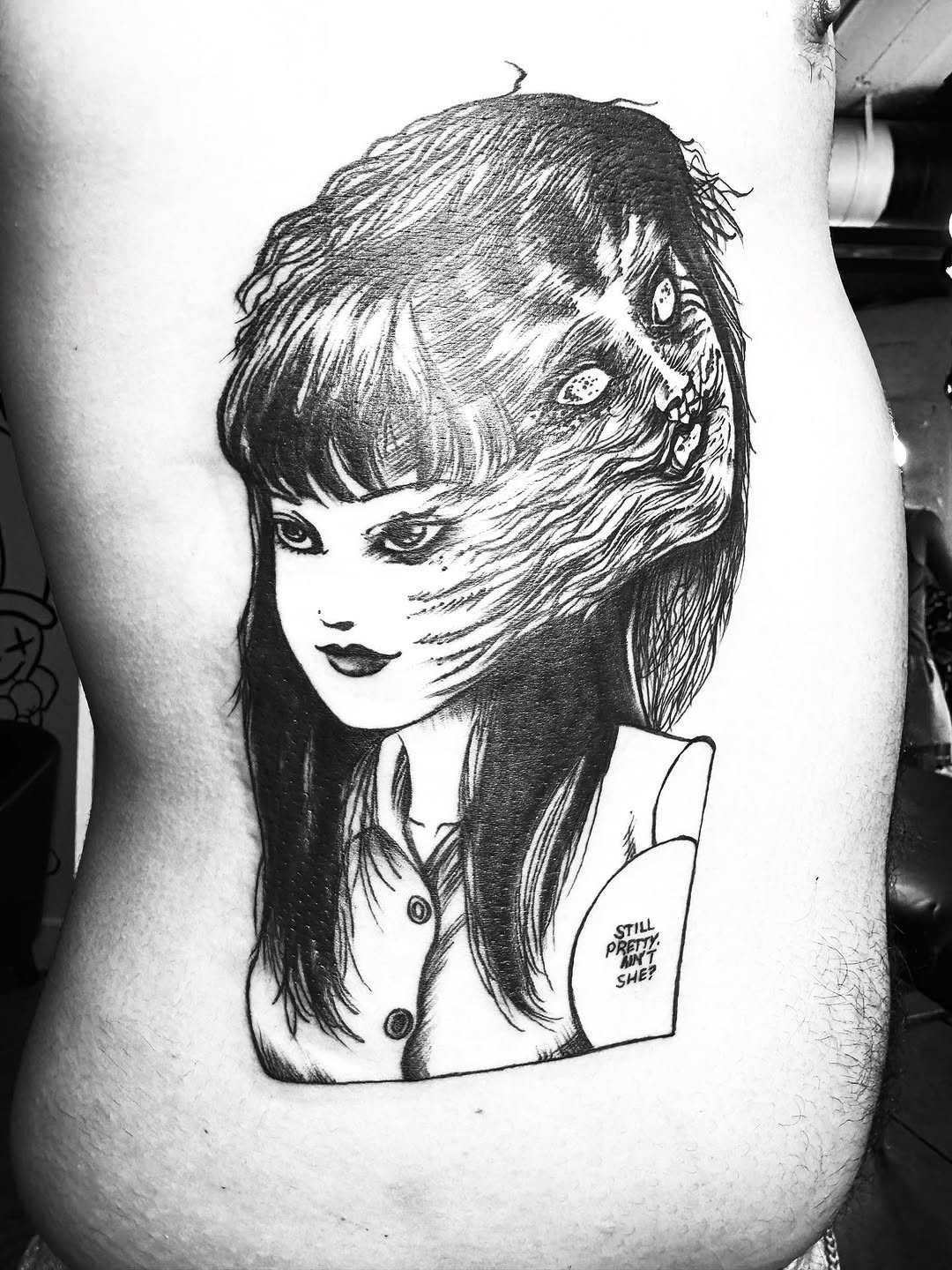 Girl with monstrous transformation tattoo on the thigh by @inkhazmat