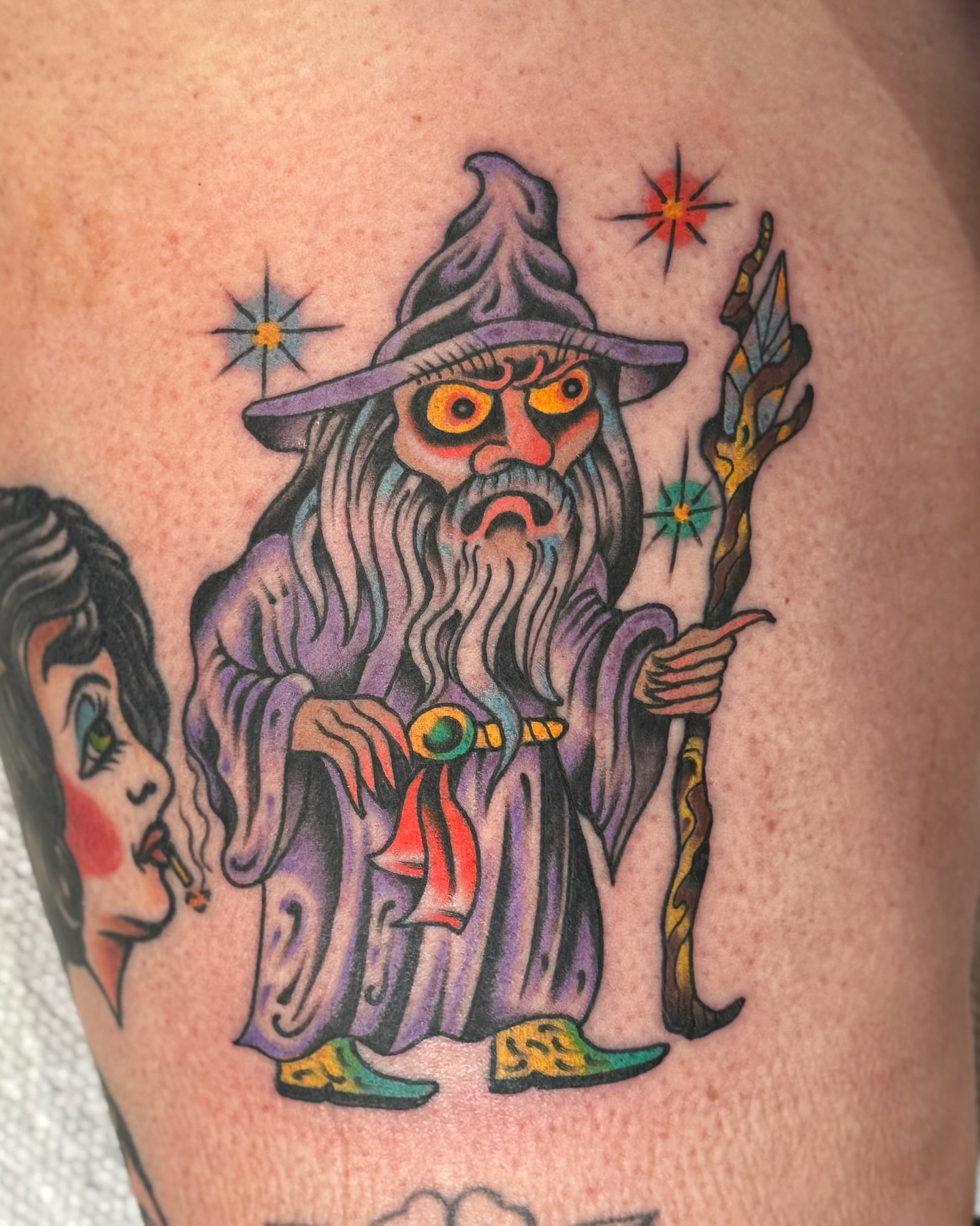 Wizard and woman American traditional tattoo on the thigh by Joe tatum ~Tattoo~