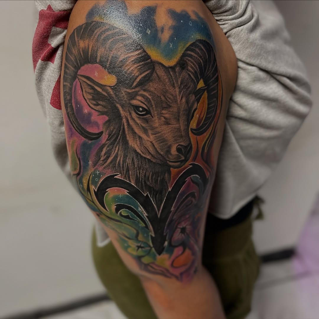 Ram zodiac sign realism tattoo on the forearm by Jayme