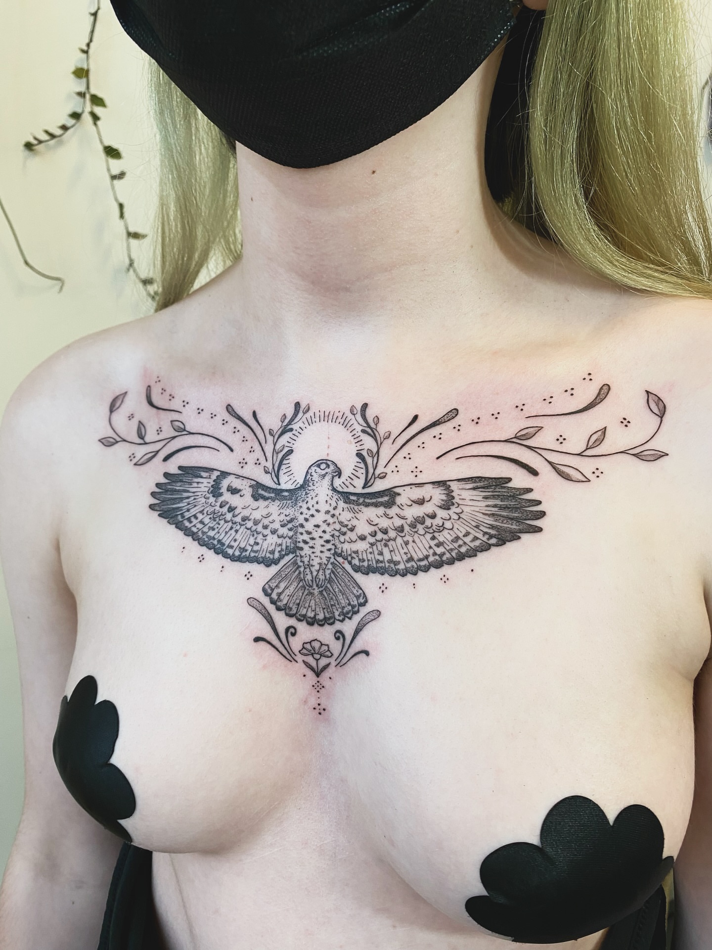 Eagle dotwork tattoo on the chest by Santiago Don, Portland, Oregon