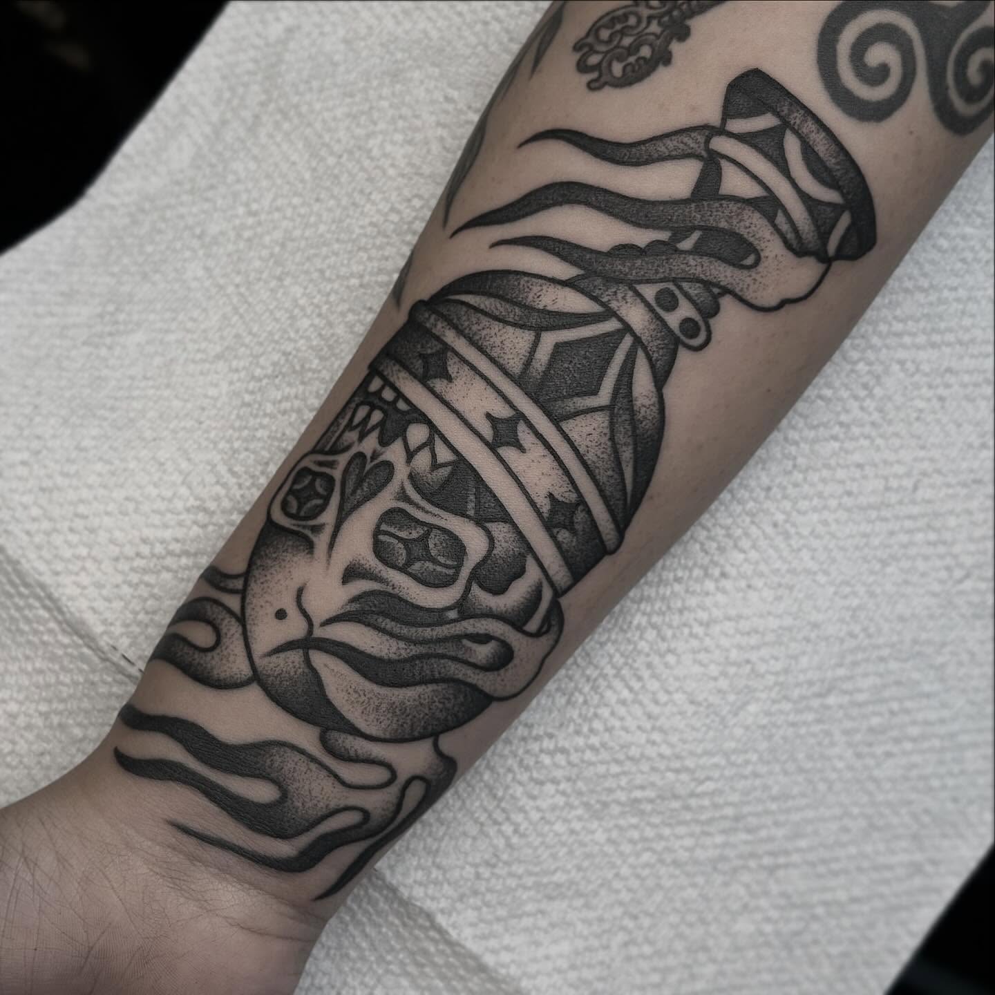 Skull and flame dotwork tattoo on the forearm by Beejay Tattoo Artist San Antonio Amarillo TX