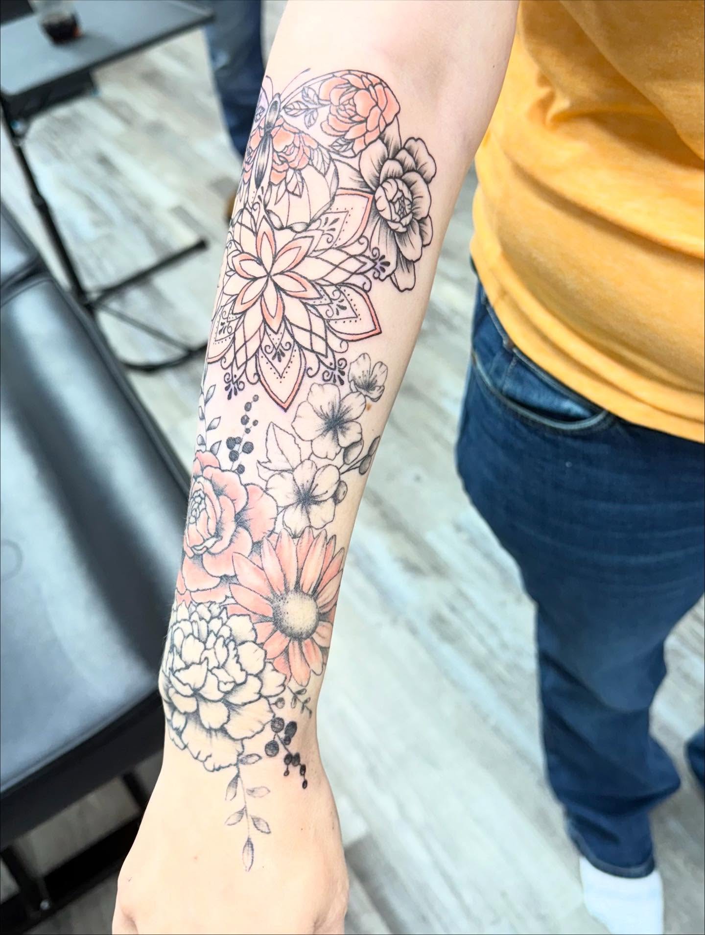 Floral bouquet dotwork tattoo on the forearm by Harlow ❤️‍🔥