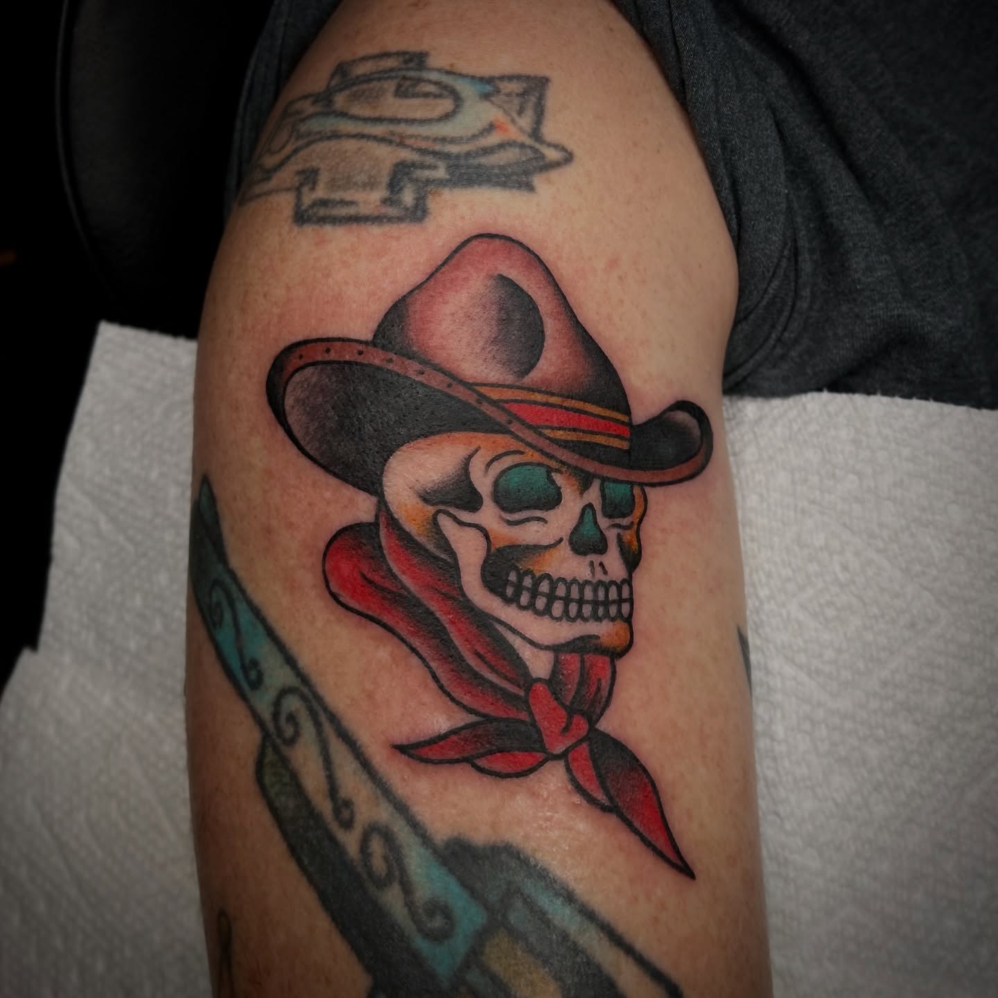 Cowboy skull American traditional tattoo on the forearm by Bright-bold-classic Tattoos, North Hills