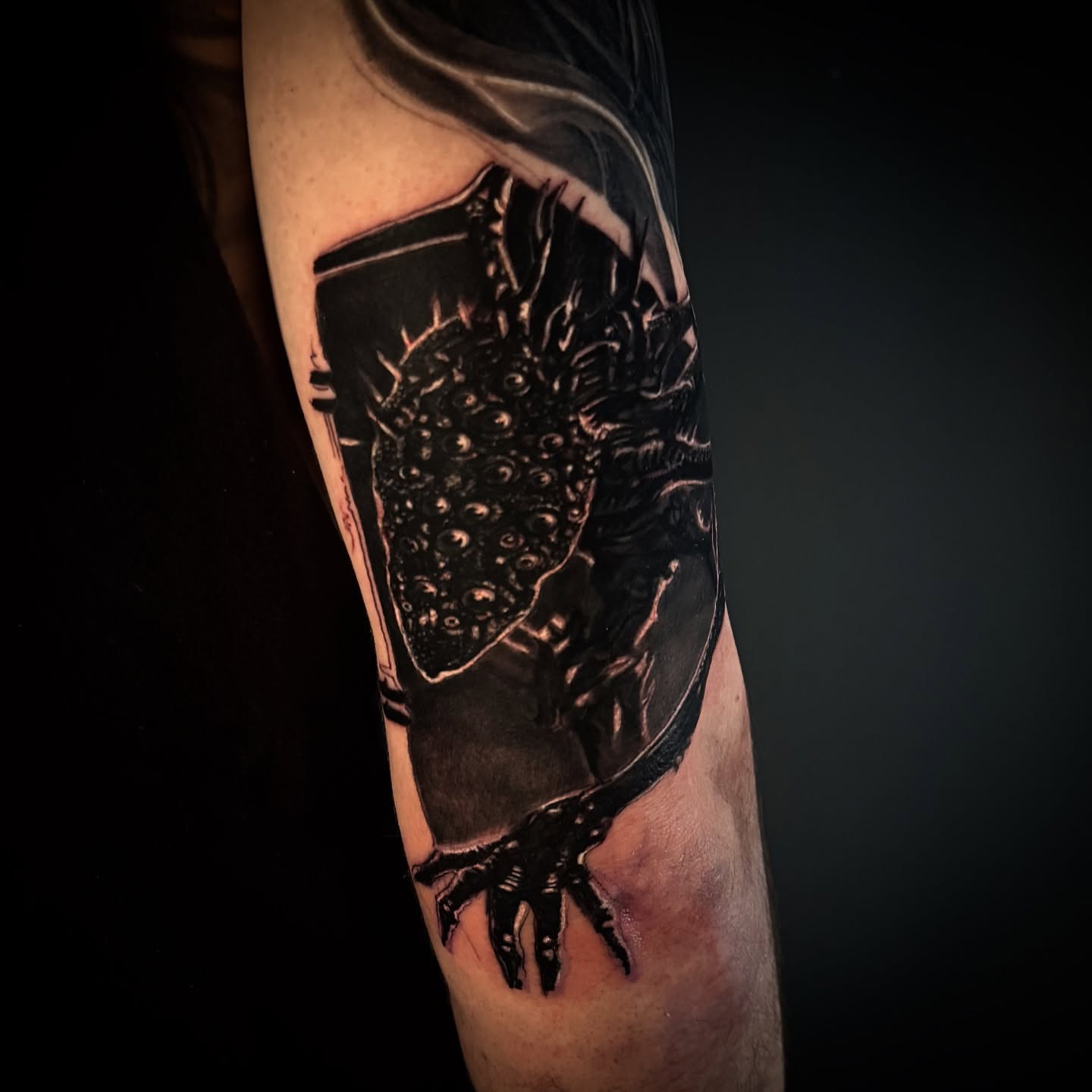 Alien creature realism tattoo on the forearm by Lindsey Lane, Dallas, Texas