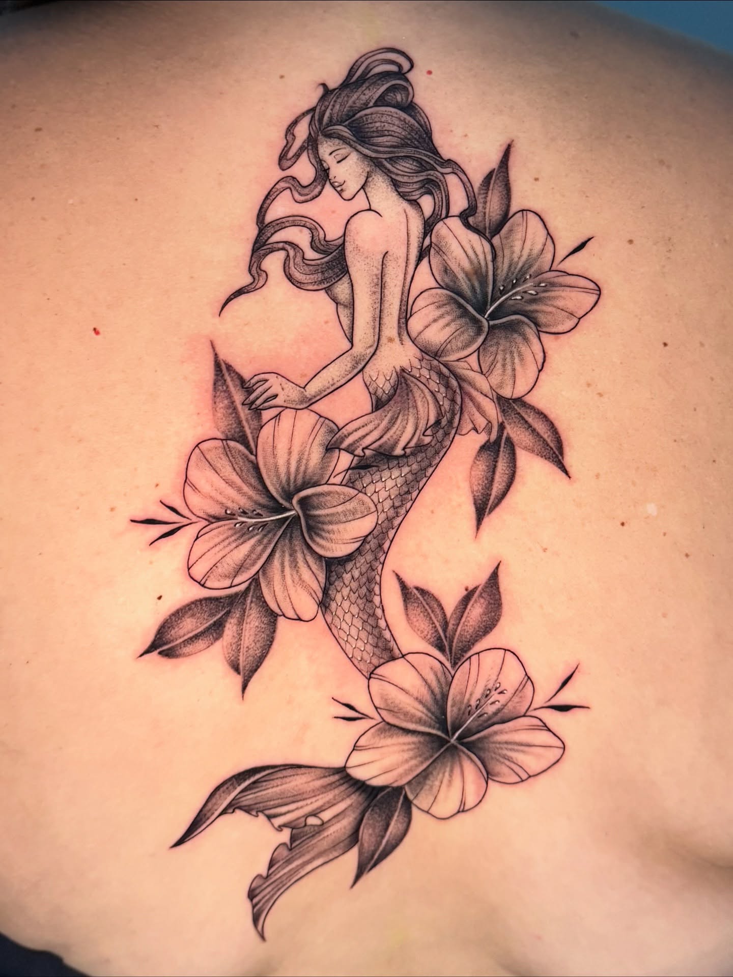 Mermaid with flowers black and grey tattoo on the back by 𝕸𝖔𝖓𝖎𝖖𝖚𝖊𝖊𝖓