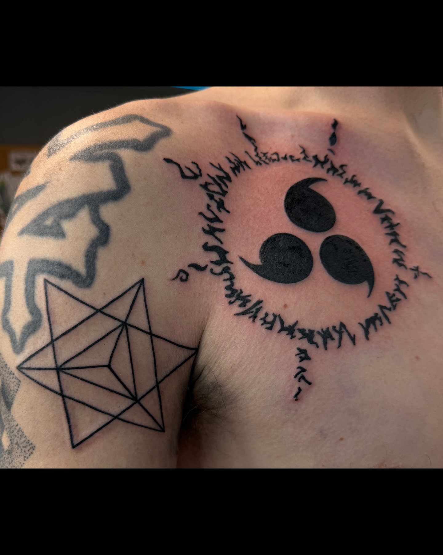 Geometric shapes and symbols geometric tattoo on the chest by 𝓗𝓪𝔂𝓭𝓮𝓷 𝓦𝓻𝓲𝓰𝓱𝓽
