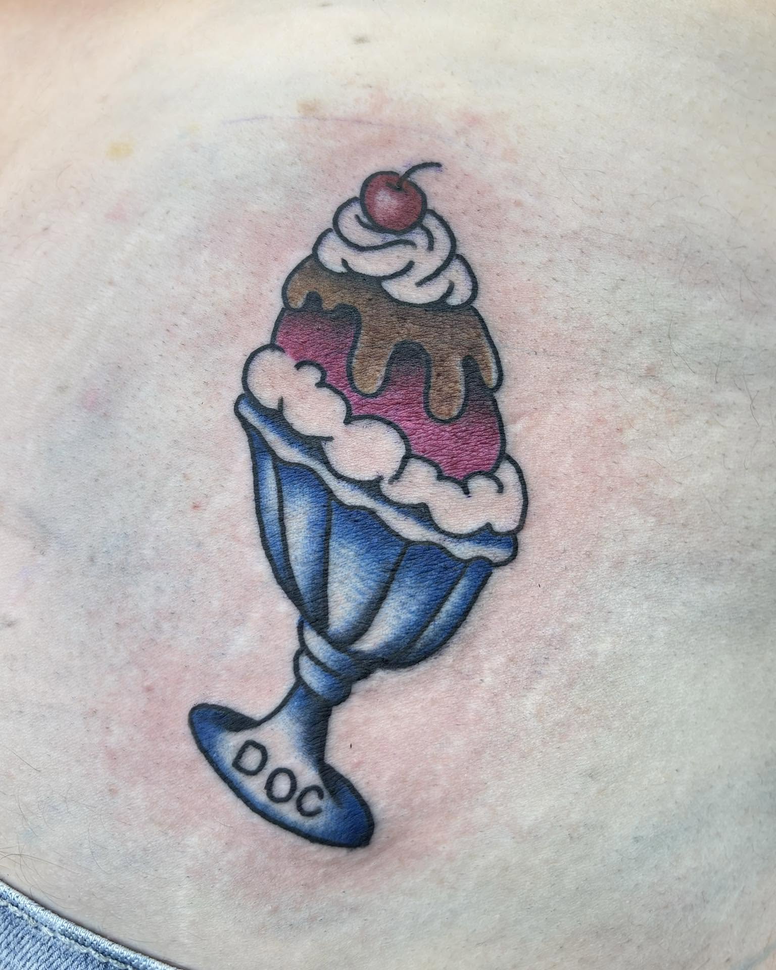 Ice cream sundae American traditional tattoo on the chest by Ricky Salinas Jr. π€, San Antonio, Texas