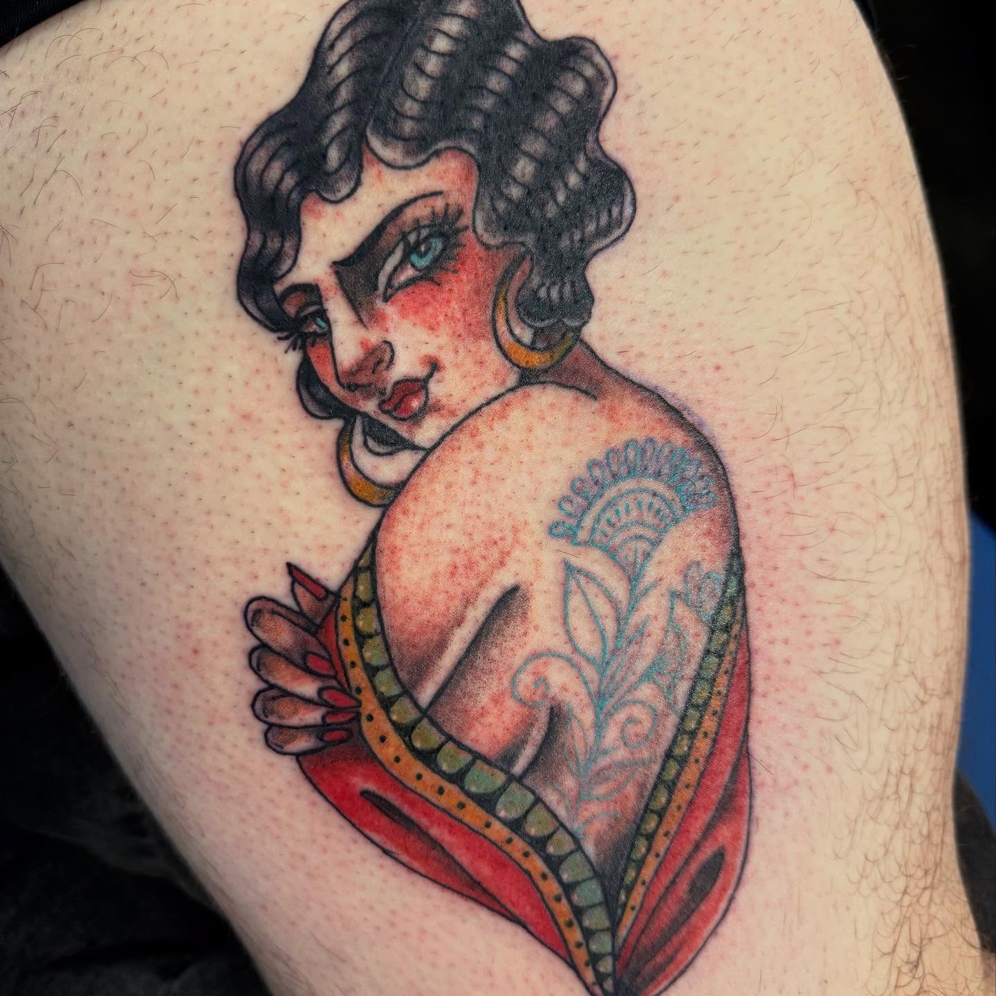 Woman with mermaid tail American traditional tattoo on the thigh by Tattoos By Trish