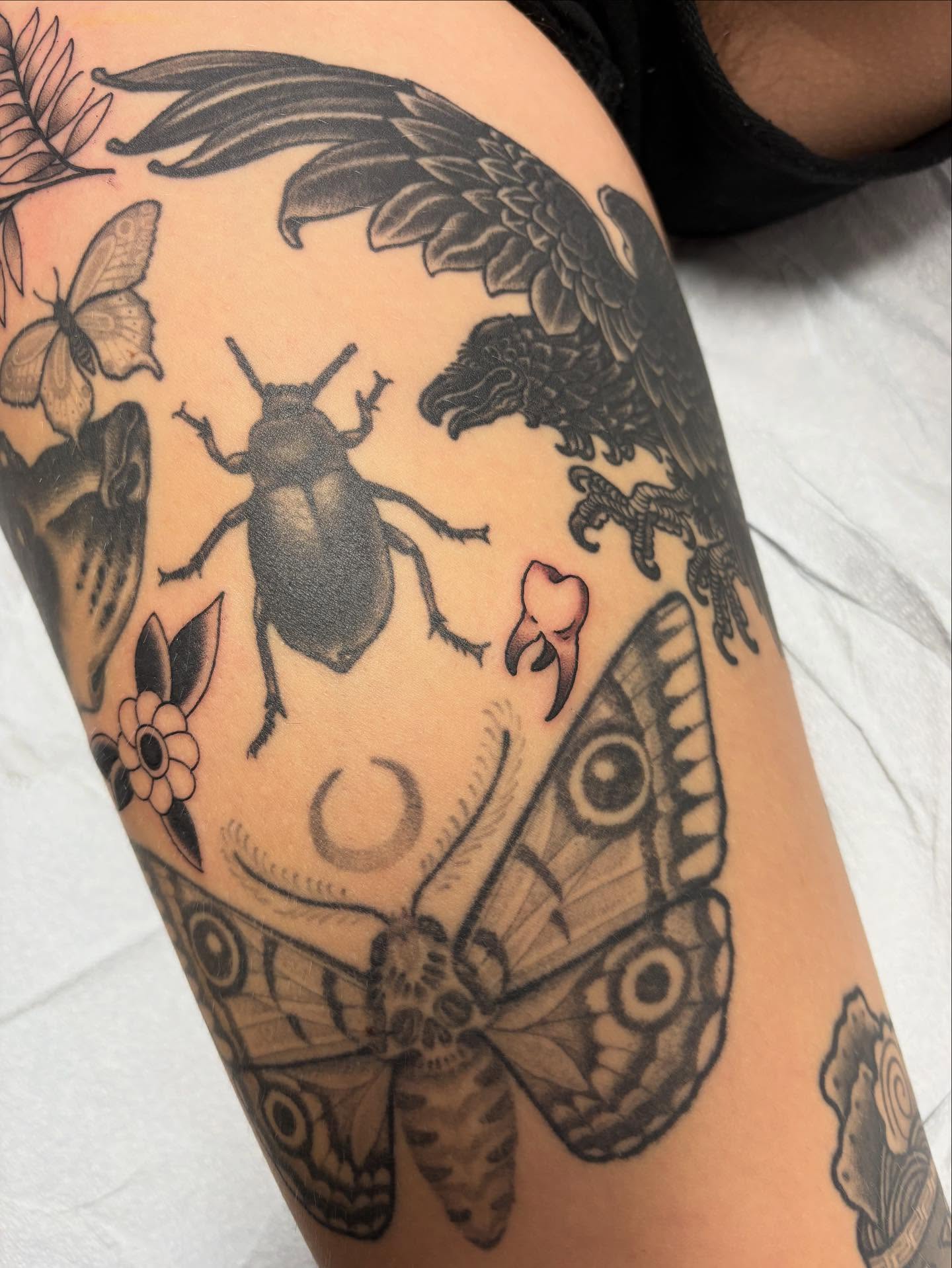 Insects and nature realism tattoo on the thigh by Jakob Ristau, Kansas City, Missouri