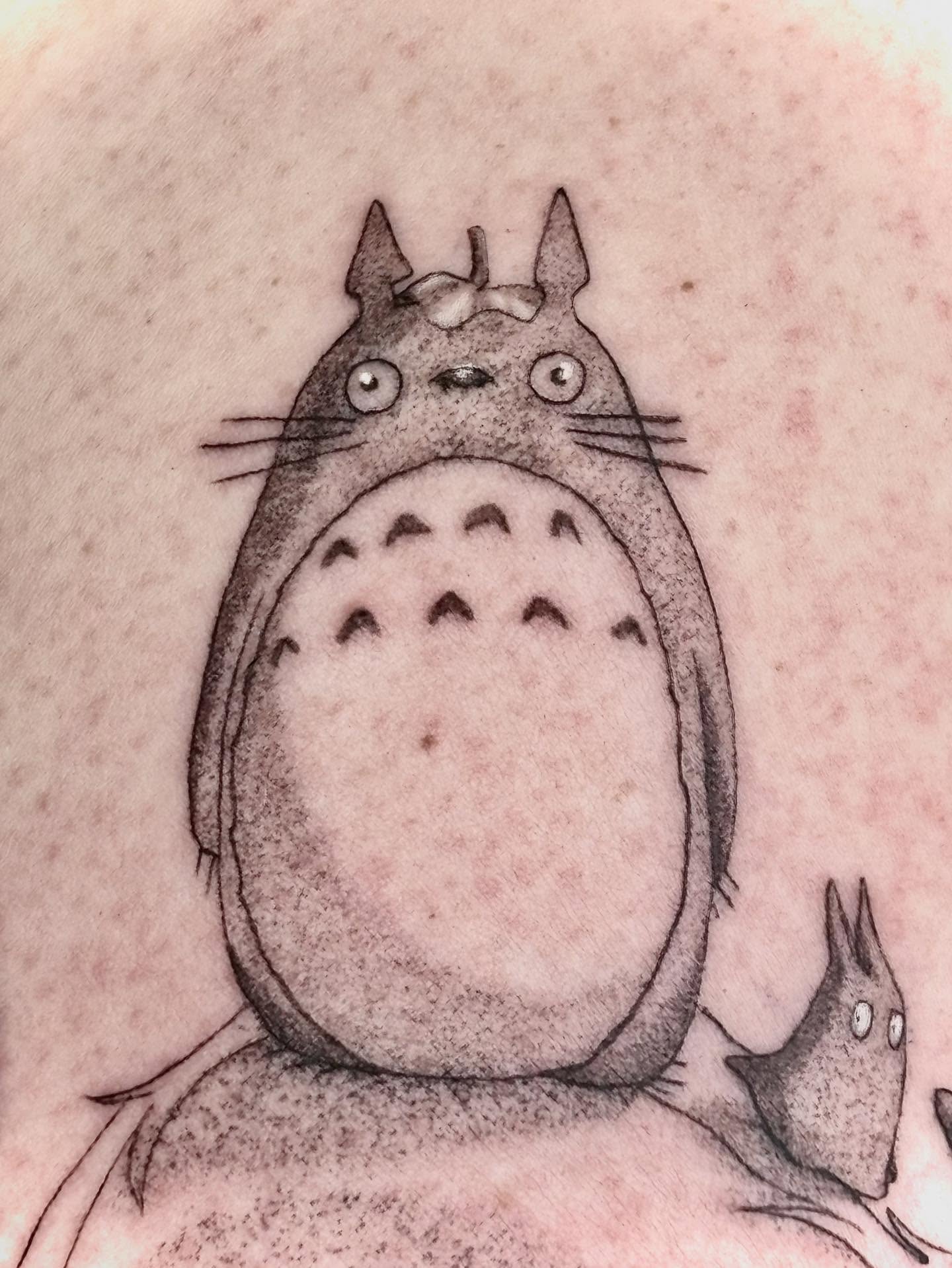 Totoro dotwork tattoo on the shoulder by Jazzlyn Hous