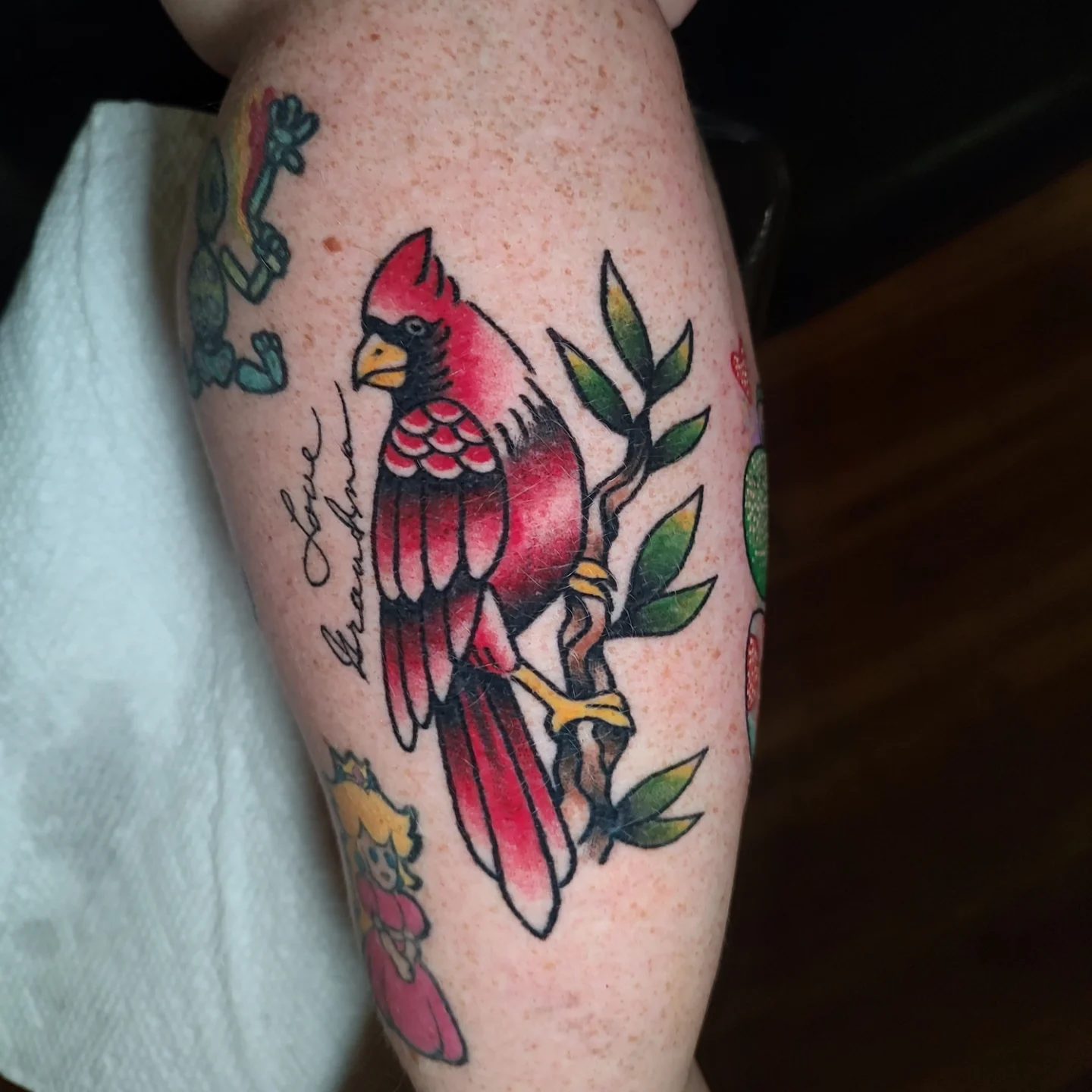 Cardinal bird American traditional tattoo on the forearm by Hope Higgins