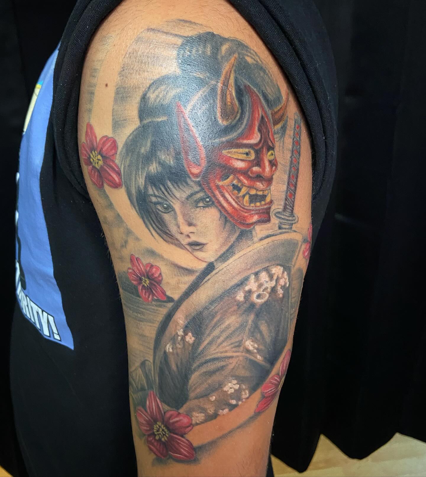Geisha and demon mask japanese irezumi tattoo on the upper arm by ~KR¥$~