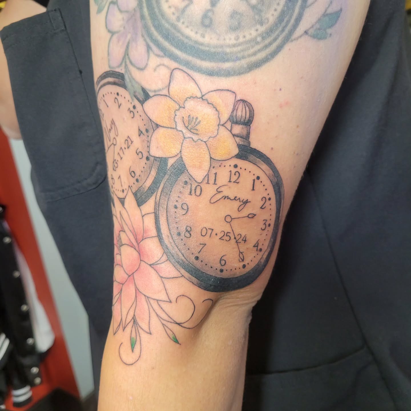 Pocket watch and flowers realism tattoo on the forearm by Aspen C