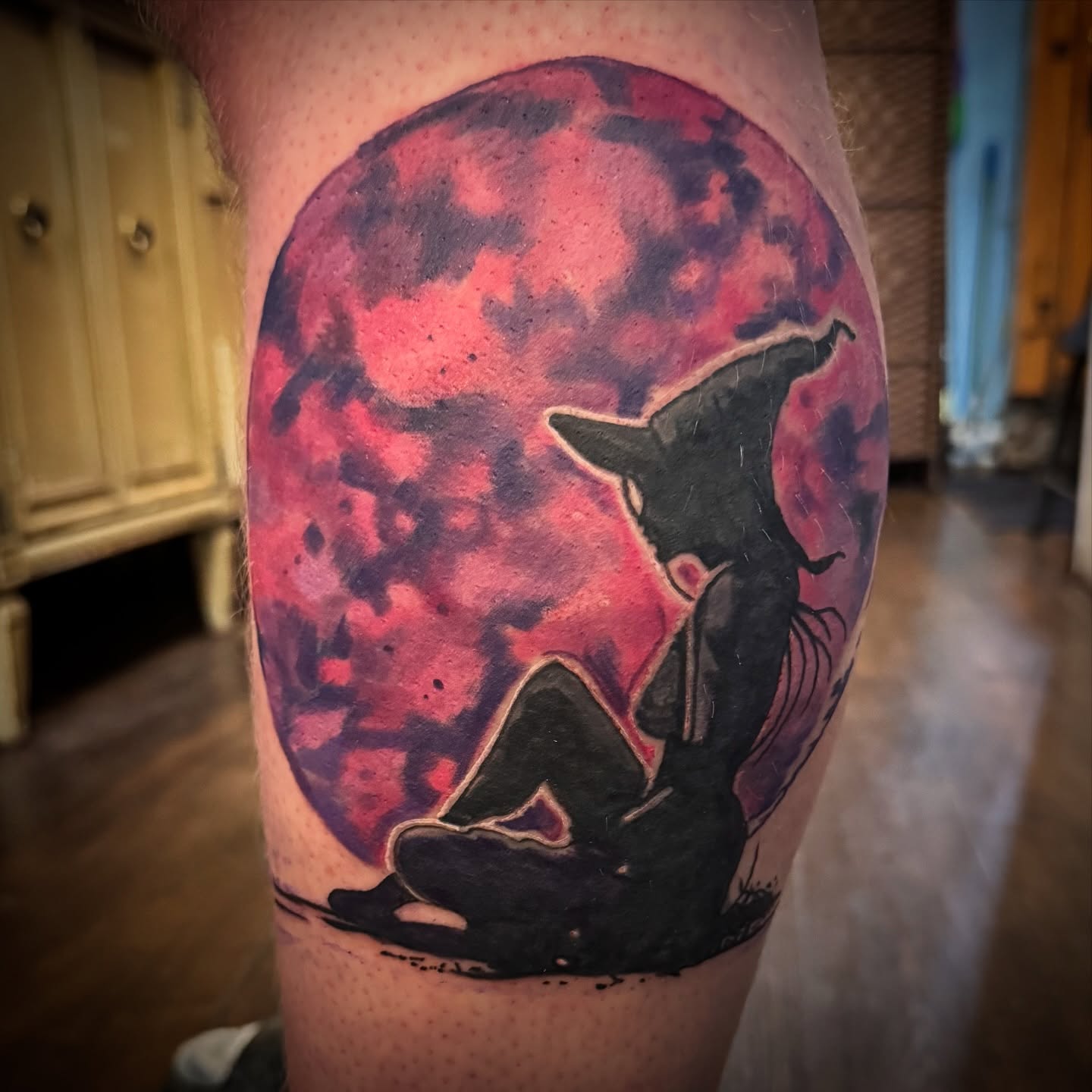 Witch silhouette dotwork tattoo on the forearm by Misty Dawn Brothers, Dayton, Ohio