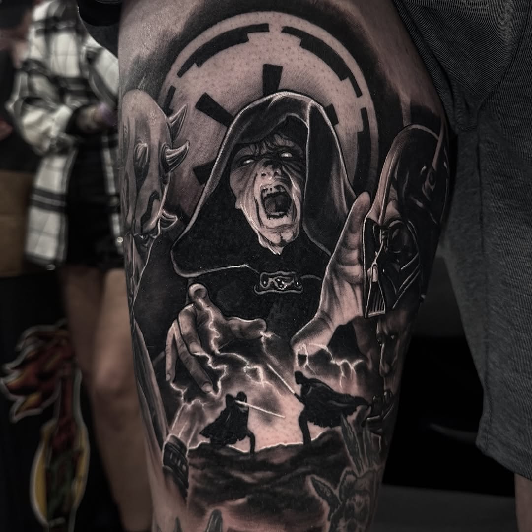 Star Wars characters realism tattoo on the forearm by Jake Fujimura