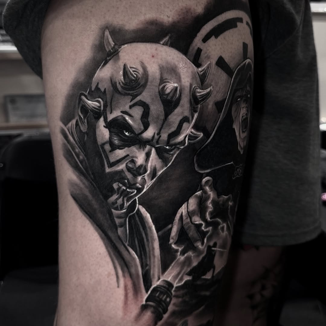 Darth Maul and Emperor Palpatine realism tattoo on the forearm by Jake Fujimura