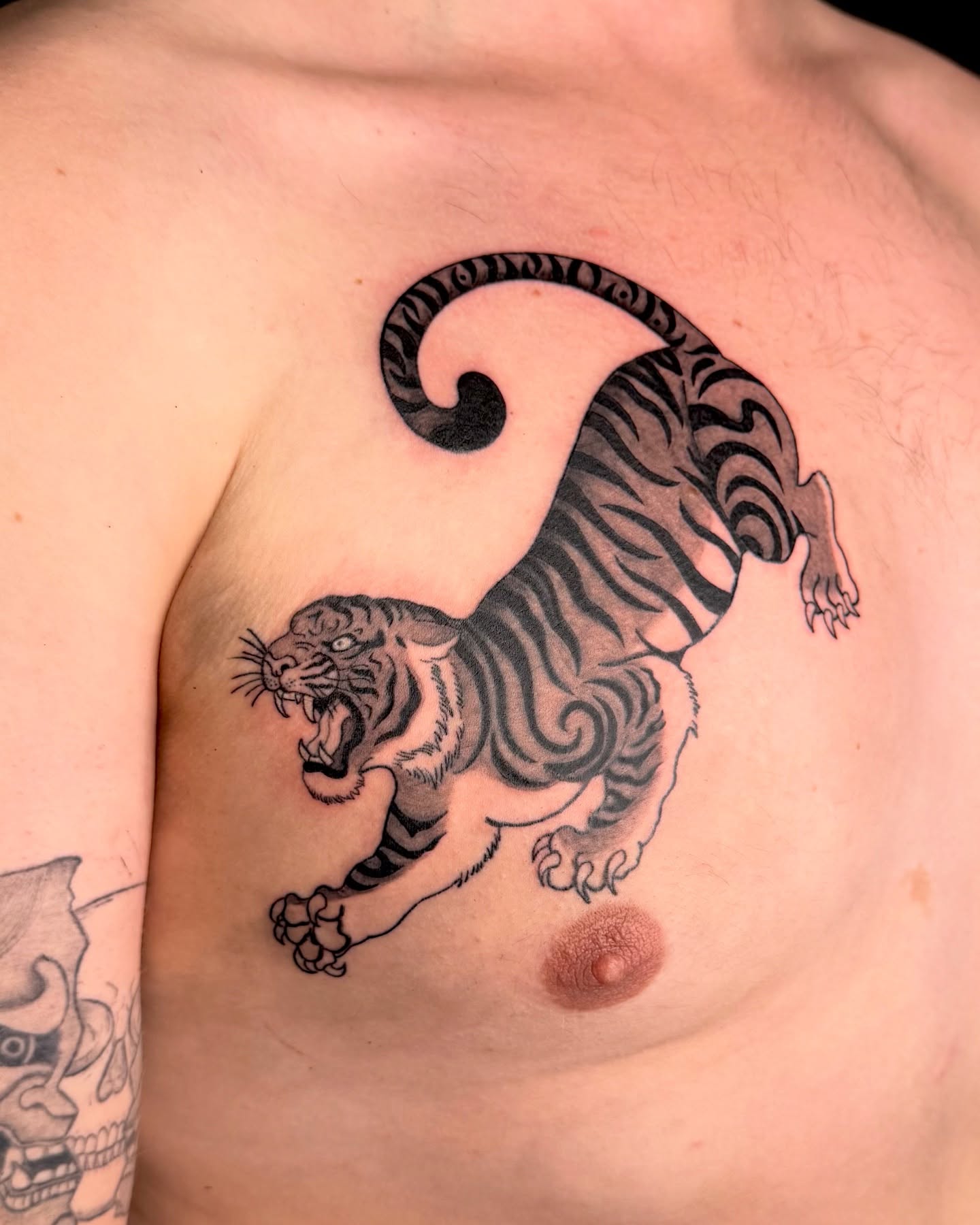 Tiger black and grey tattoo on the chest by Too Zen