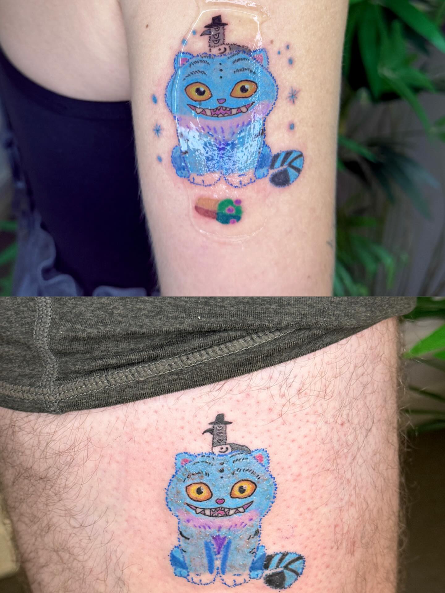 Blue cat new school tattoo on the thigh by Yez tattoo
