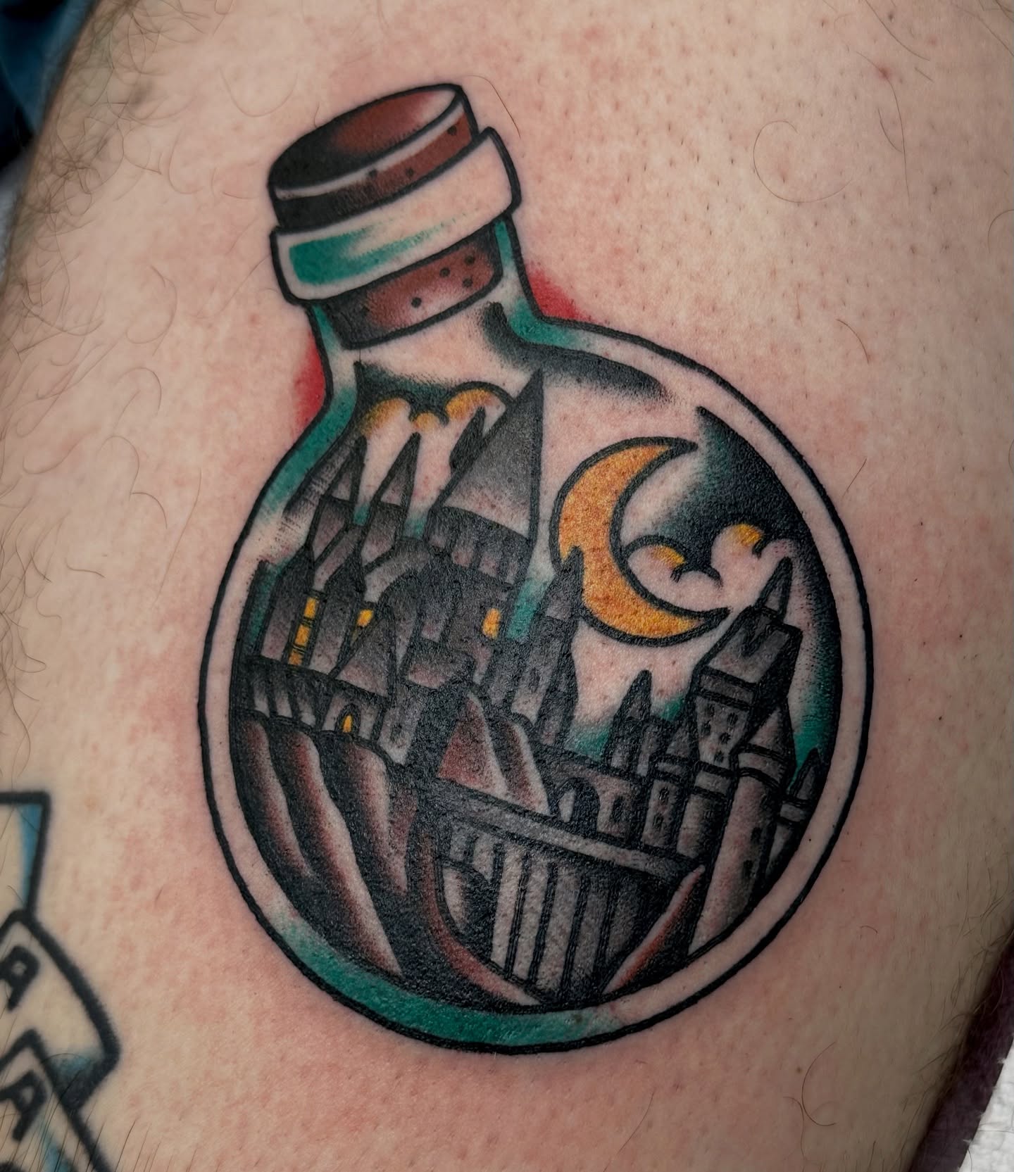 Castle in a bottle dotwork tattoo on the thigh by Amanda Bonhomme, Las Vegas, Nevada