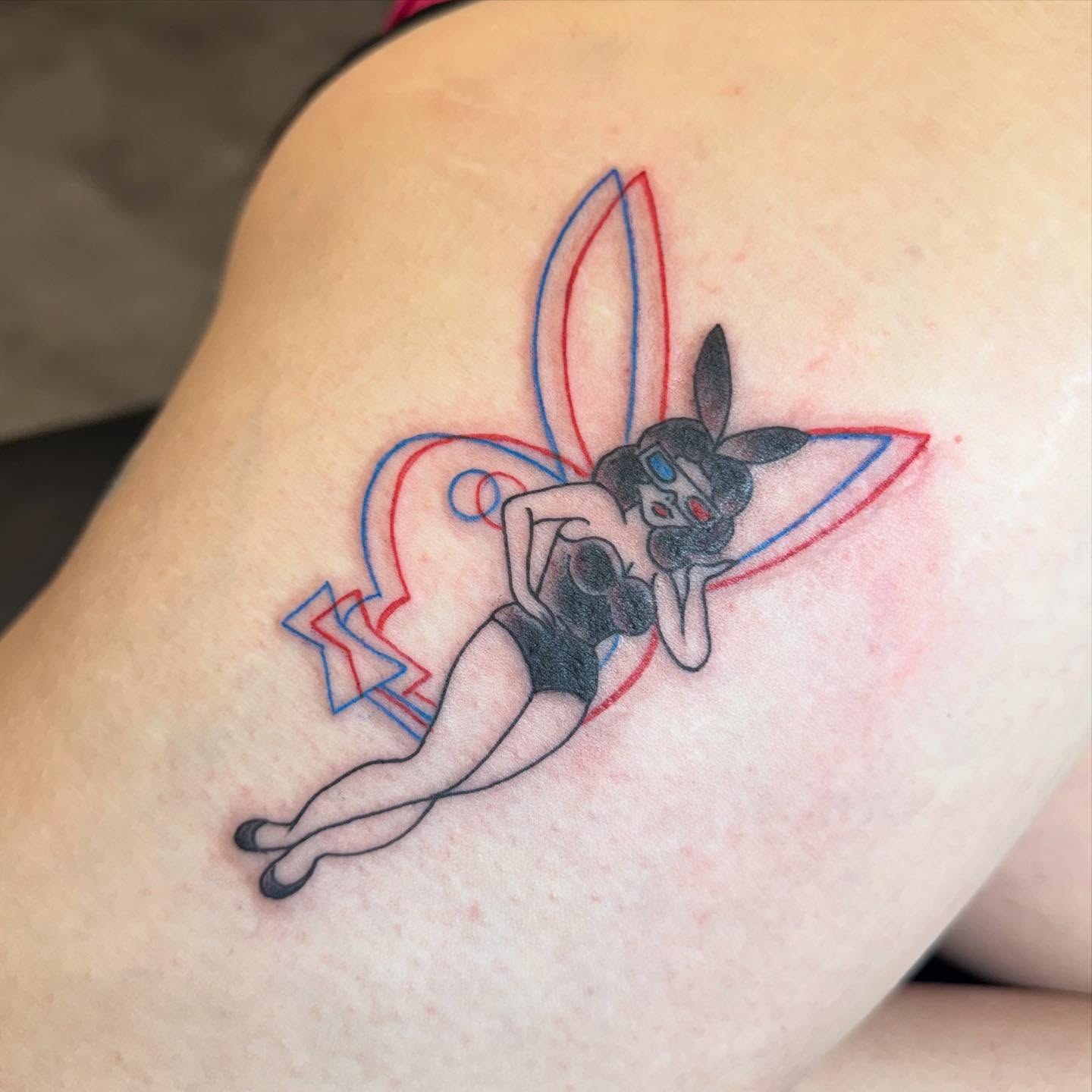 Fairy new school tattoo on the thigh by 𝗞𝗮𝘁 𝗕𝗹𝗮𝗻𝗸𝗲𝗻𝘀𝗵𝗶𝗽