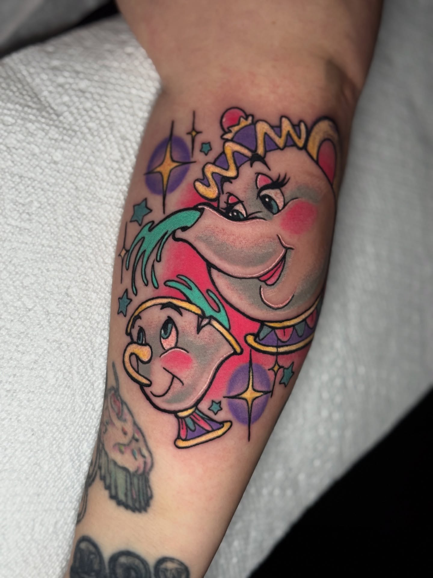 Jumbo and flounder new school tattoo on the forearm by ⓒⓨⓡⓤⓢ
