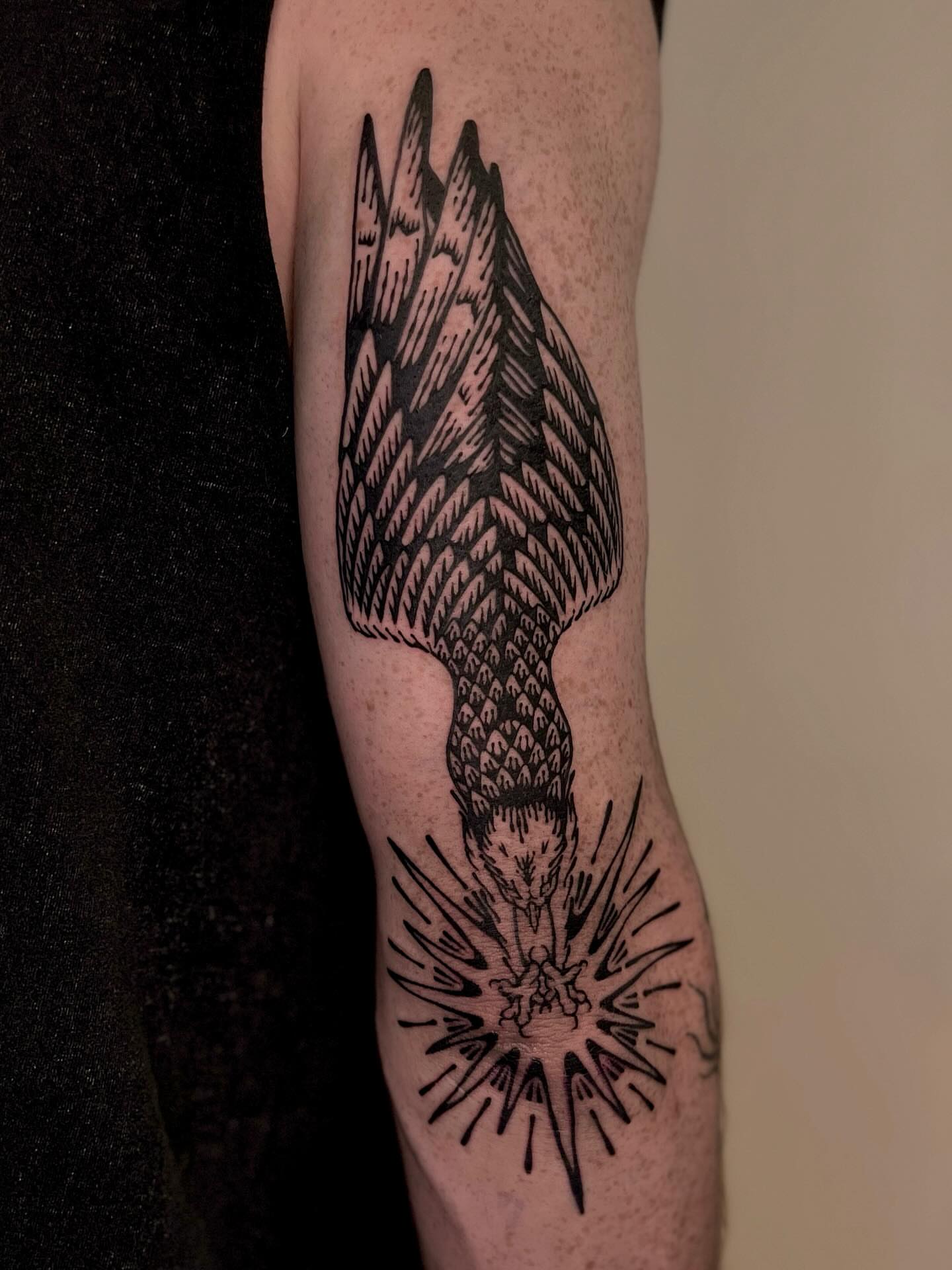 Bird black and grey tattoo on the forearm by Wonny