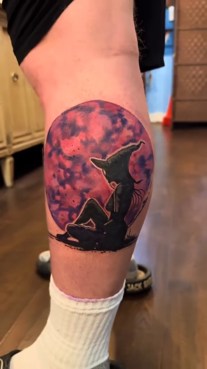 Witch silhouette under a full moon blackwork tattoo by Misty Dawn Brothers, Dayton, Ohio