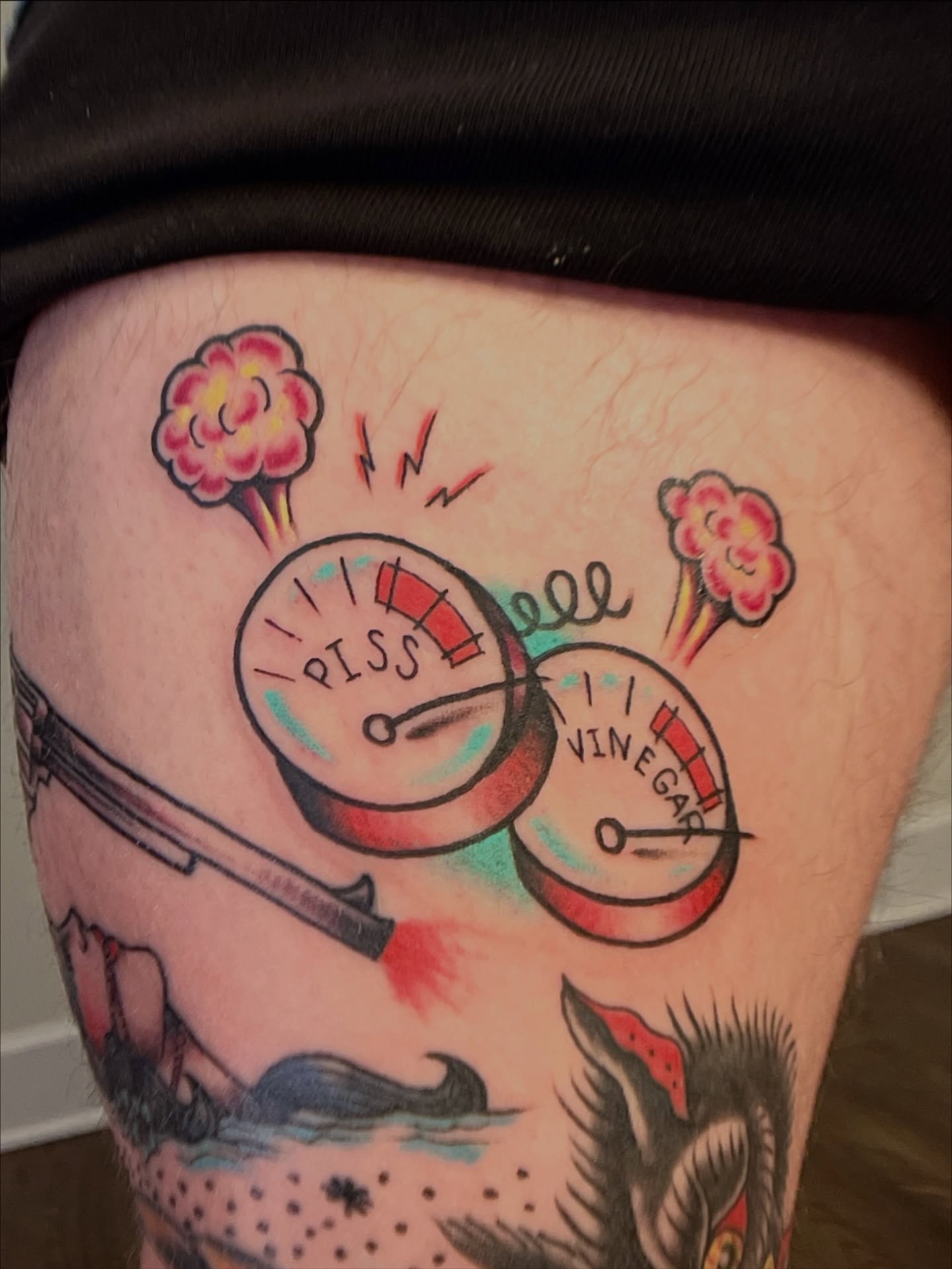 Speedometer American traditional tattoo on the thigh by Travis B